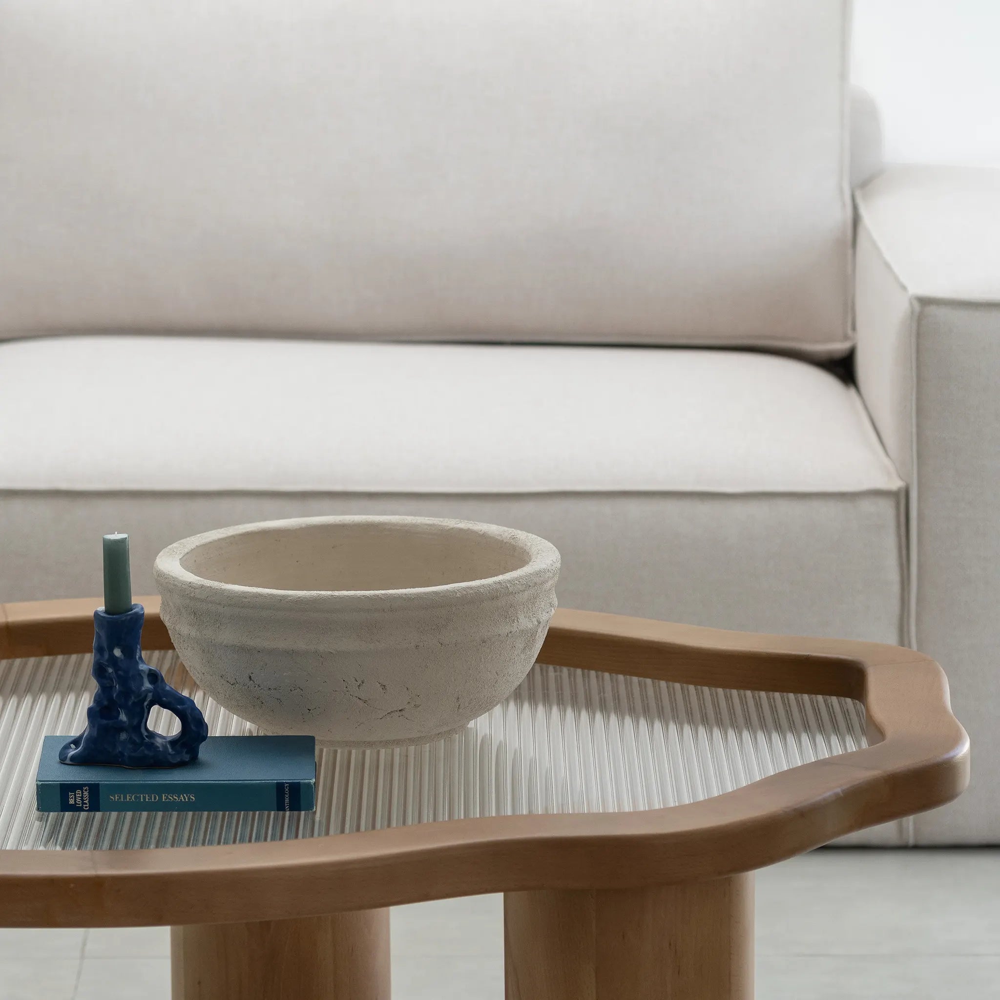 The Jamie Coffee Table in Wood and Lined Glass