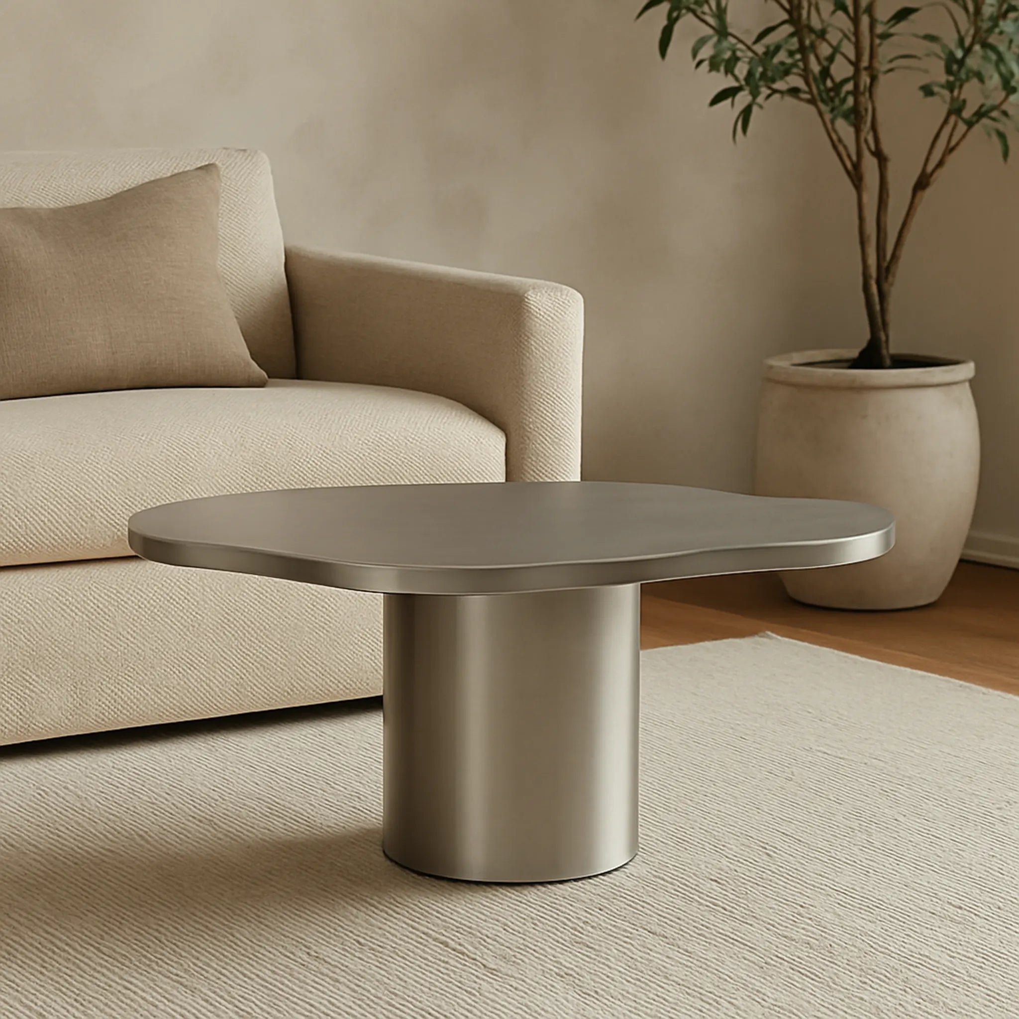The Jamie Coffee Table in Brushed Stainless Steel elevates a modern living room with its sleek design and elegant finish