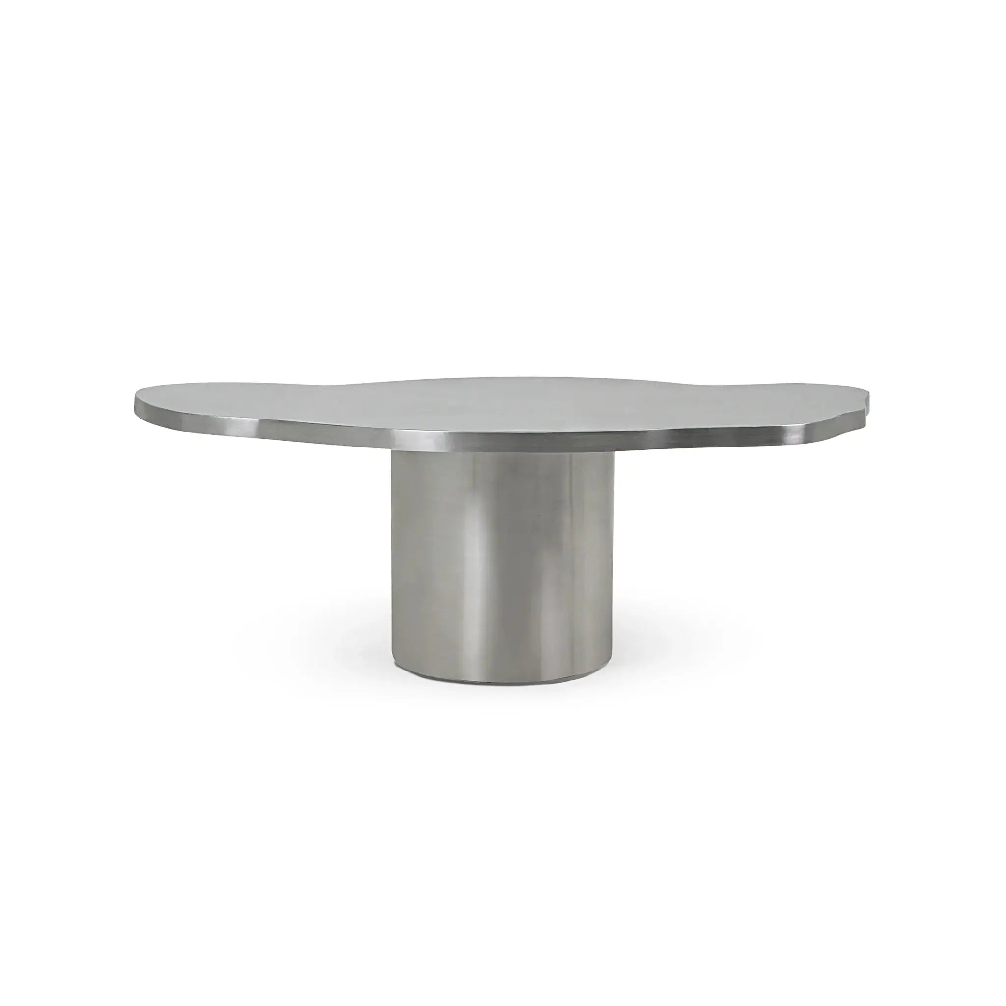 Minimalist coffee table in brushed stainless steel, adding elegance to any living room space.