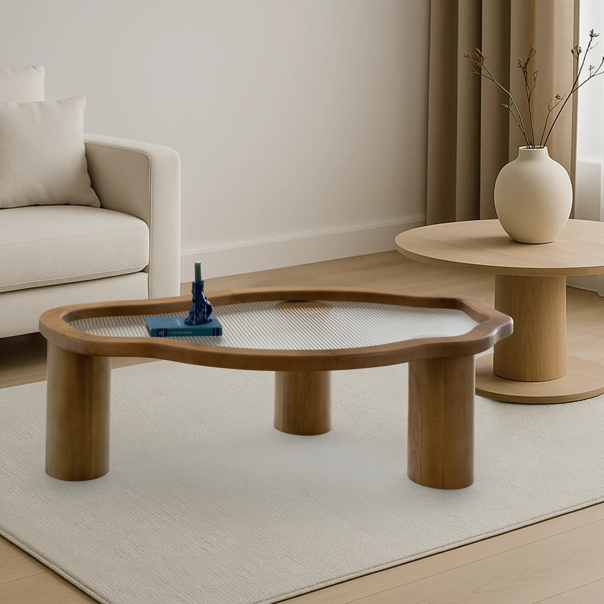 The Jamie Coffee Table in Wood and Lined Glass