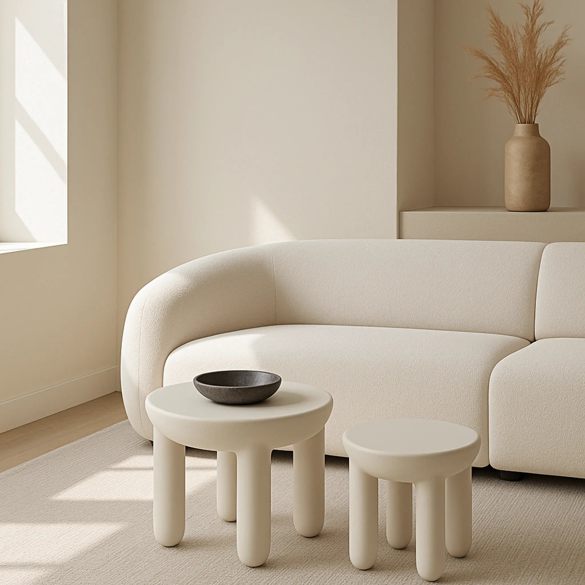Cream round coffee table in Scandinavian-inspired lounge setup