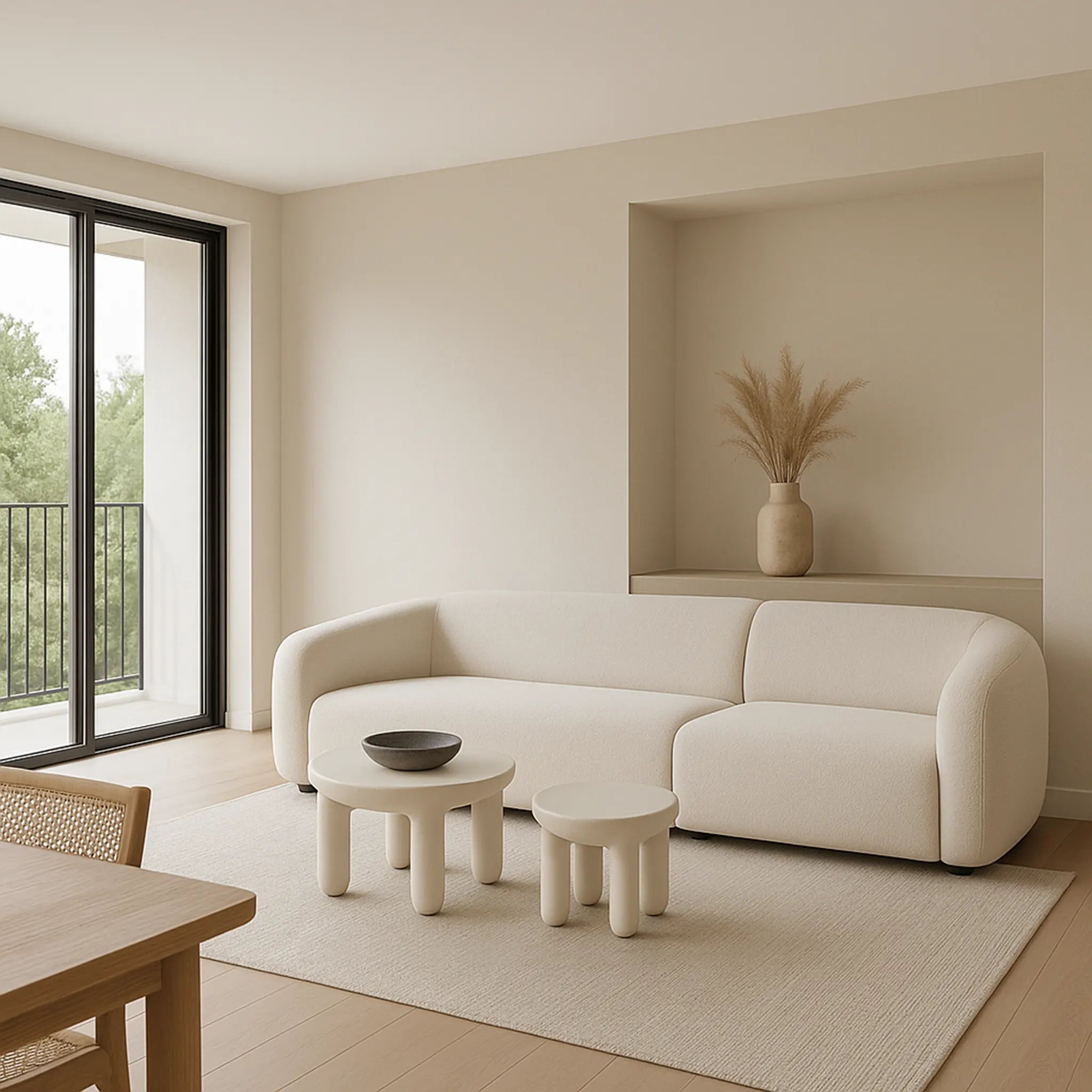 The Signe Coffee Table (Medium) styled with decor, adding a sophisticated touch to any contemporary lounge.