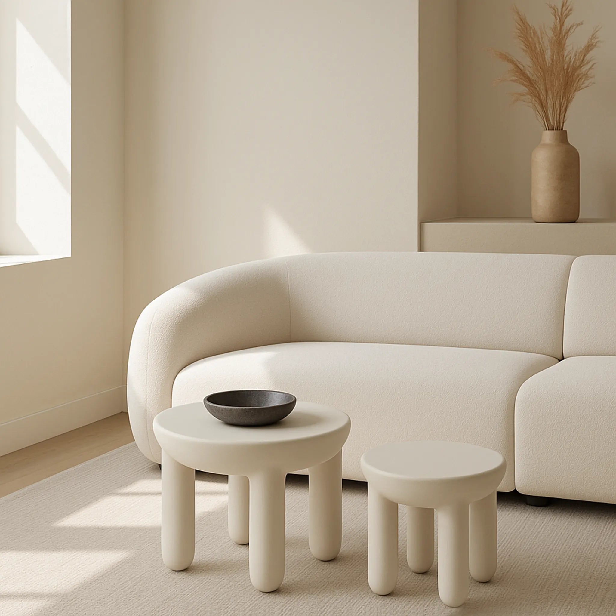 In a bright, airy living room, The Signe Coffee Table (Medium) adds modern elegance with its white round design.
