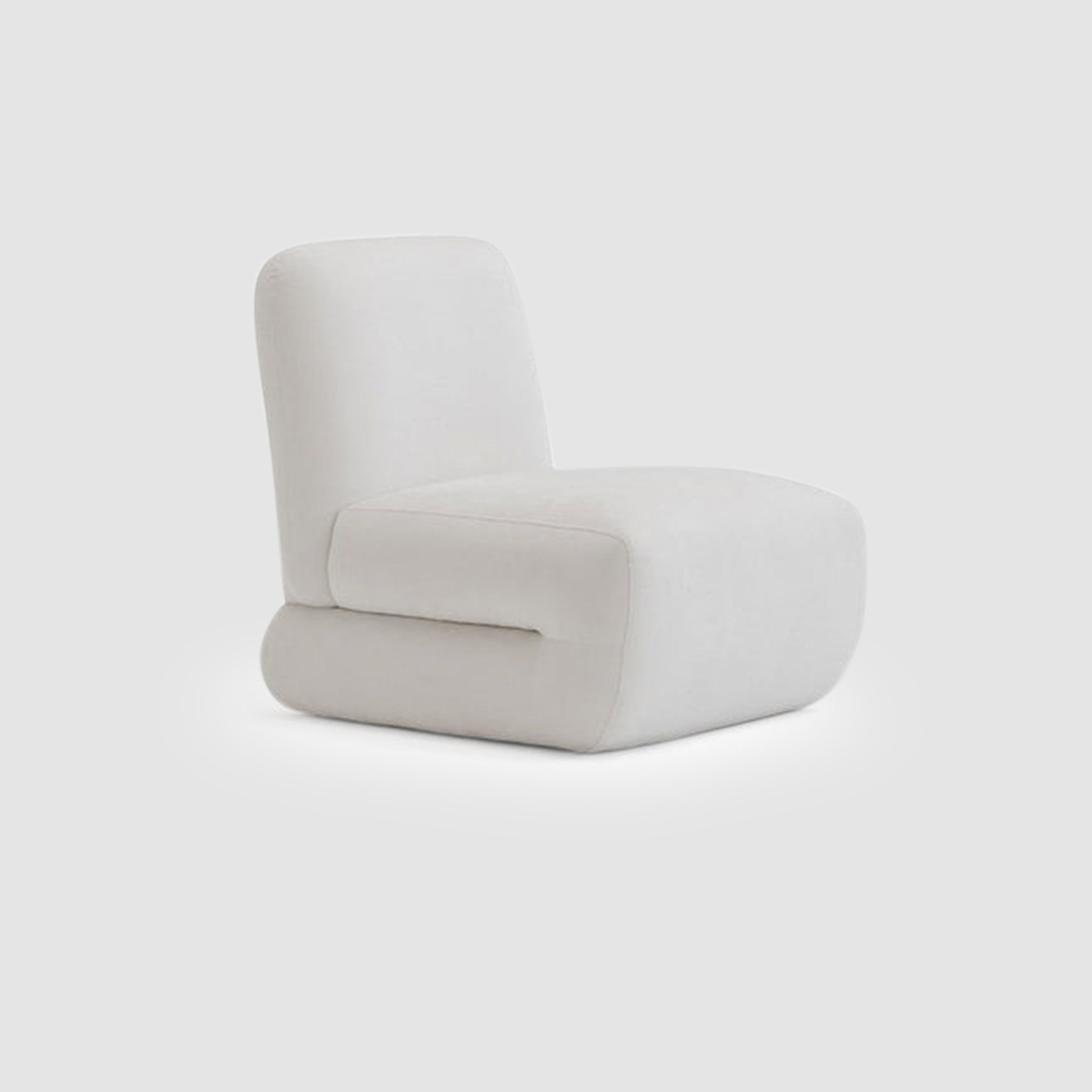 Front view of The Bopie Accent Chair in a soft, white-colored fabric, highlighting its plush and modern design. Modern leather accent chair.