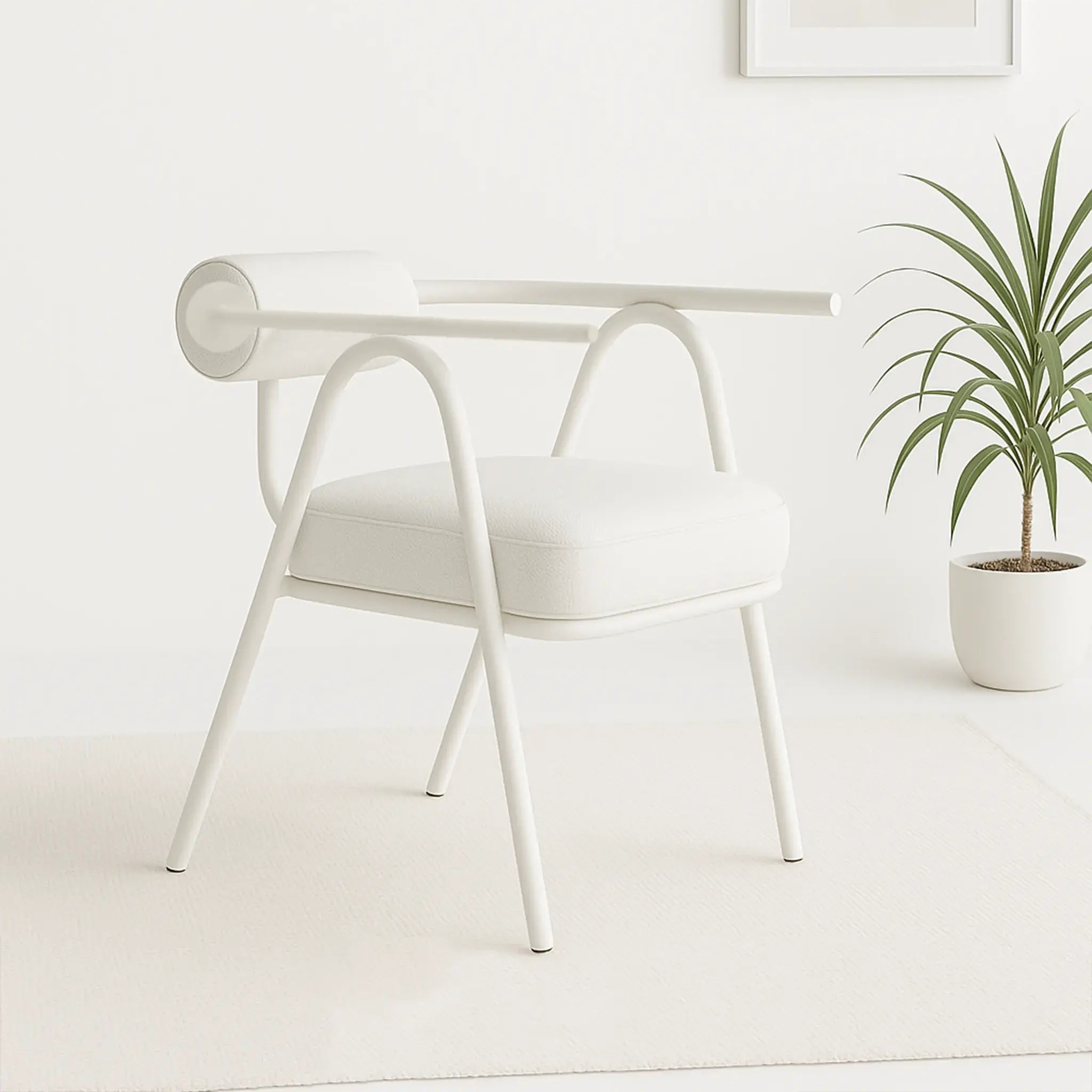 The Wanda white dining chair styled in a bright dining room, adding a touch of elegance and comfort.