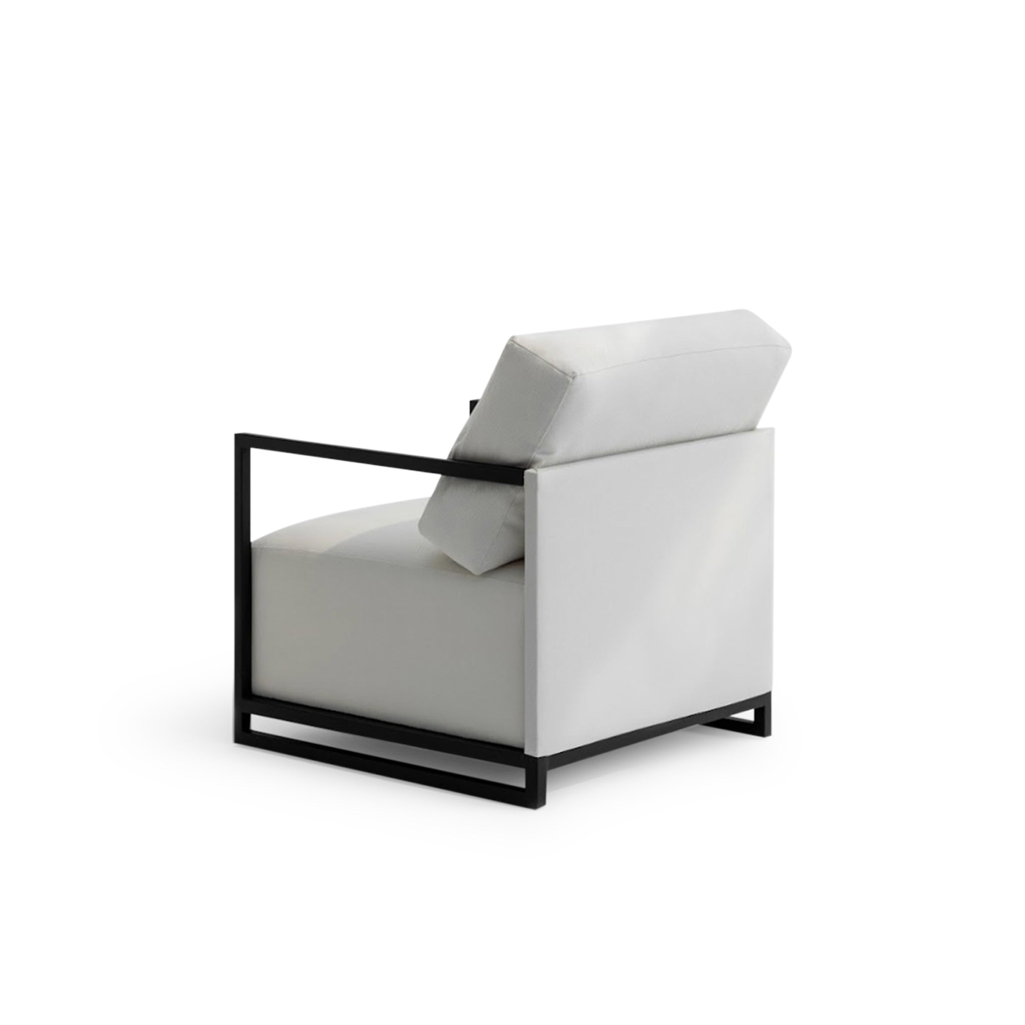 Angled view of The Wyth affordable Outdoor Accent Chair featuring white cushions and a sleek black metal frame, set against a plain background.