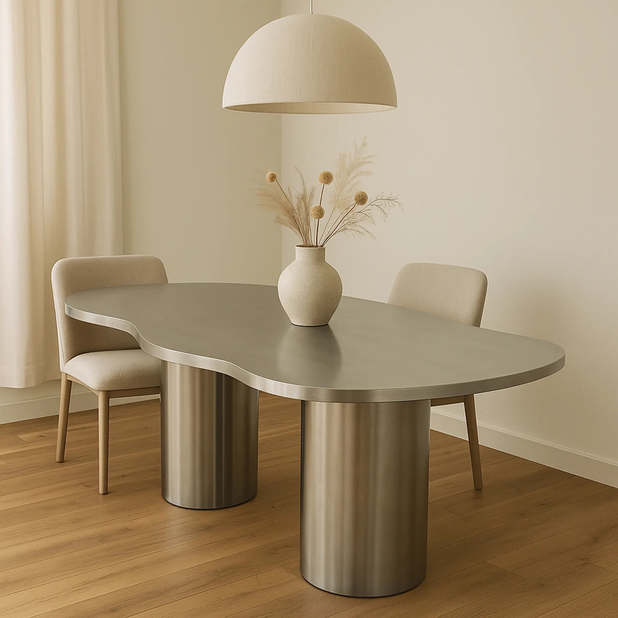 The Victoria stainless steel dining table with a unique curvy design, adding a touch of modern elegance to your home.