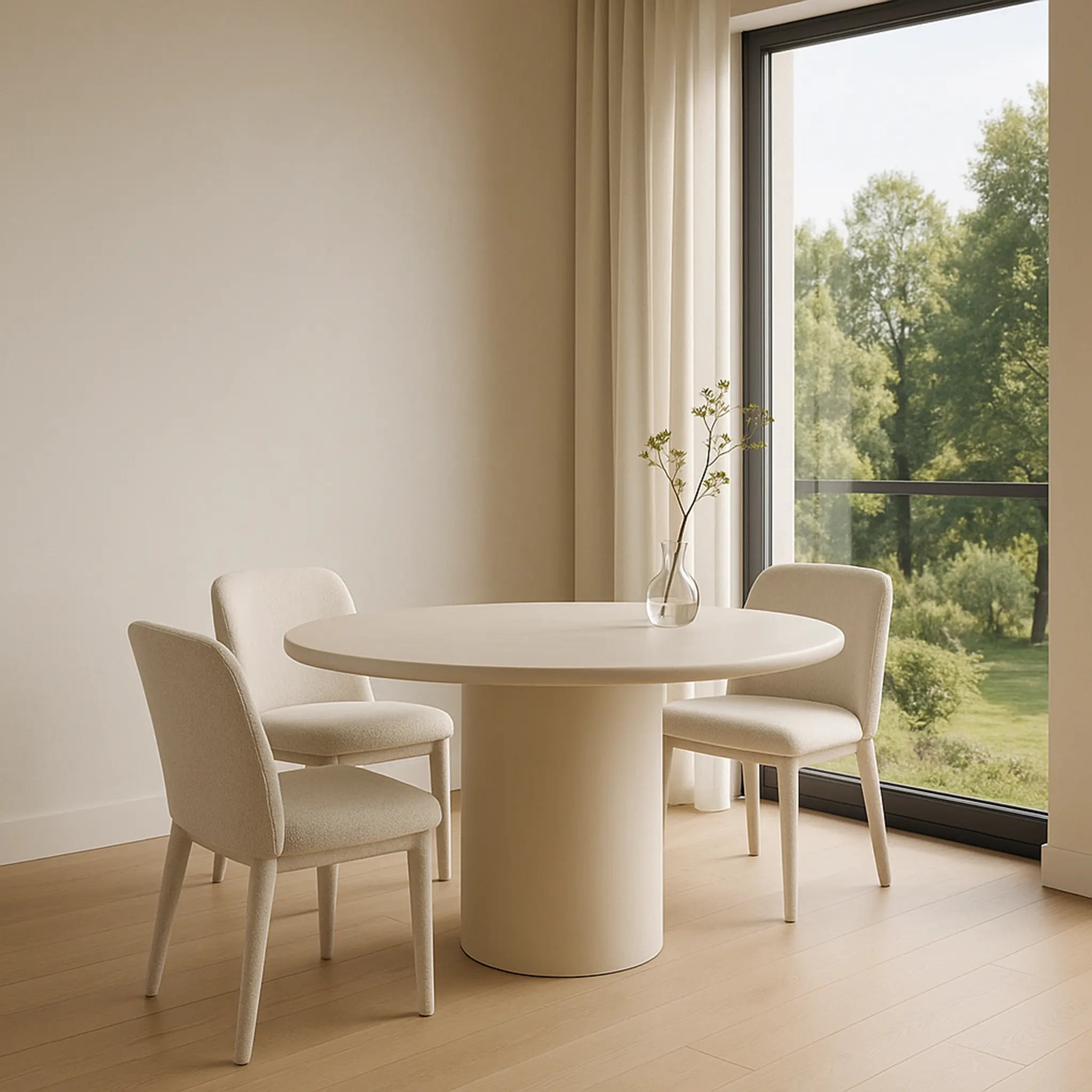Stylish round dining table featuring a durable microplaster top, perfect for family gatherings.