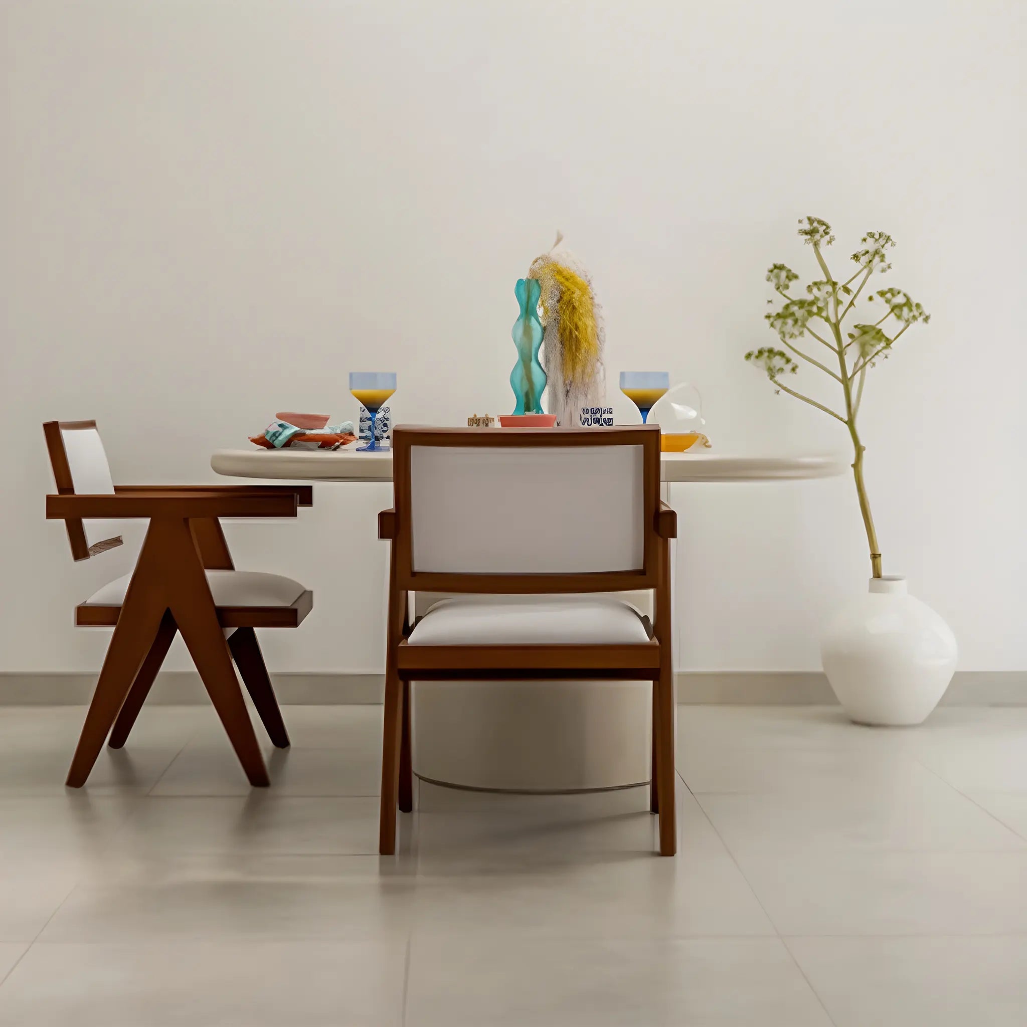 Elegant microplaster round dining table styled with decorative centerpieces for a cozy dining experience.