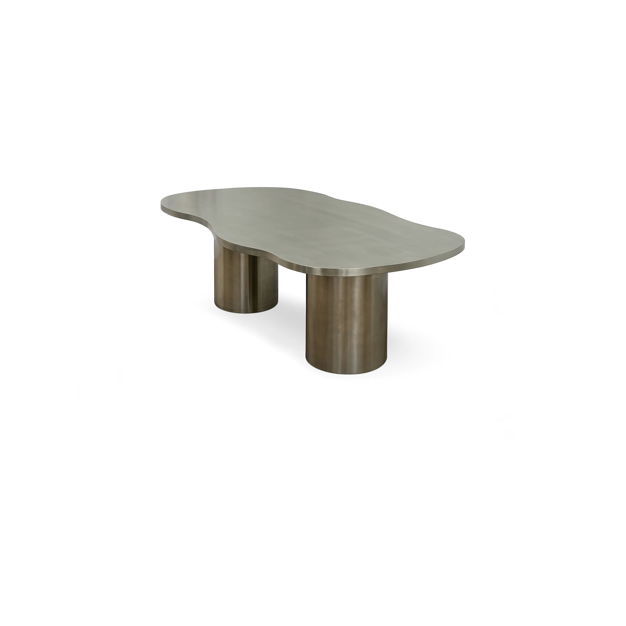 The Victoria Curvy steel dining table with a sleek stainless steel finish, designed for modern dining rooms.