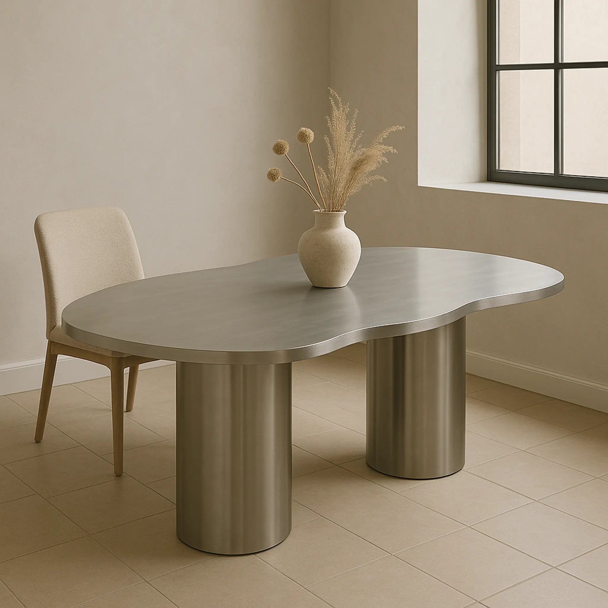 The Victoria curvy steel dining table with a stainless steel surface, perfect for hosting family and friends.
