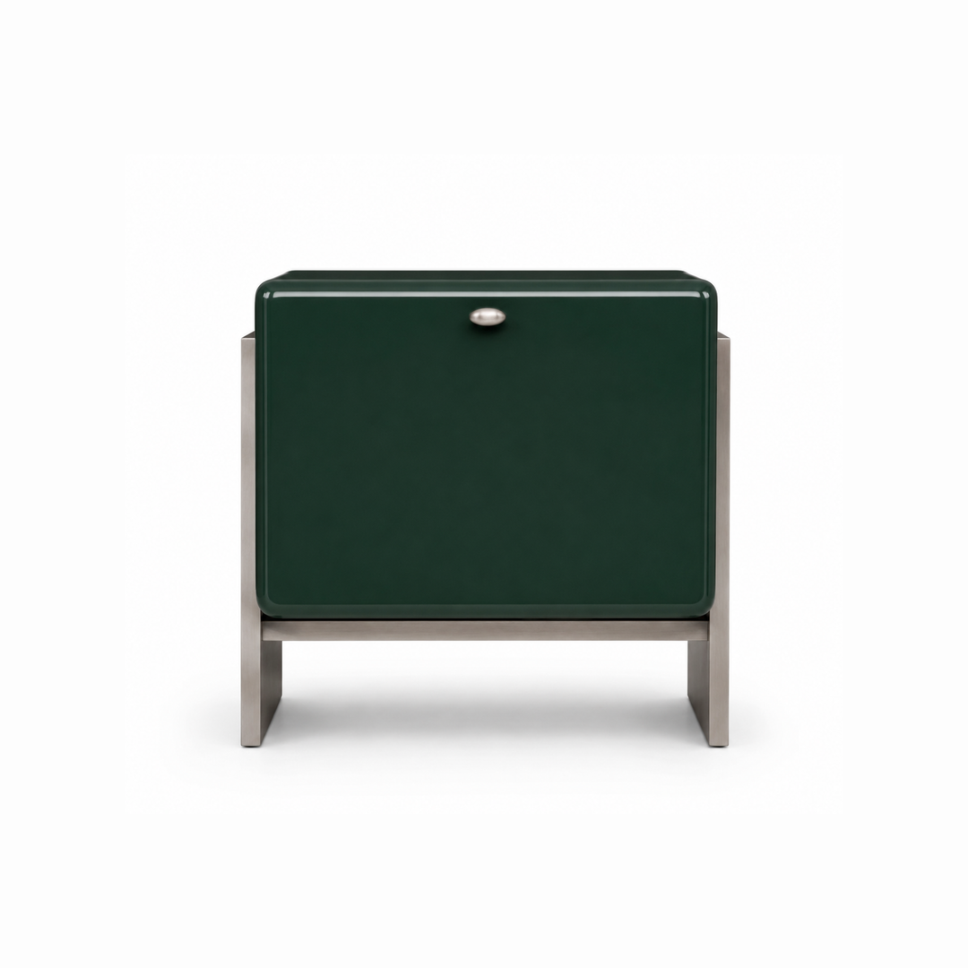 The Cheryl Bedside Table in Lacquer and Steel