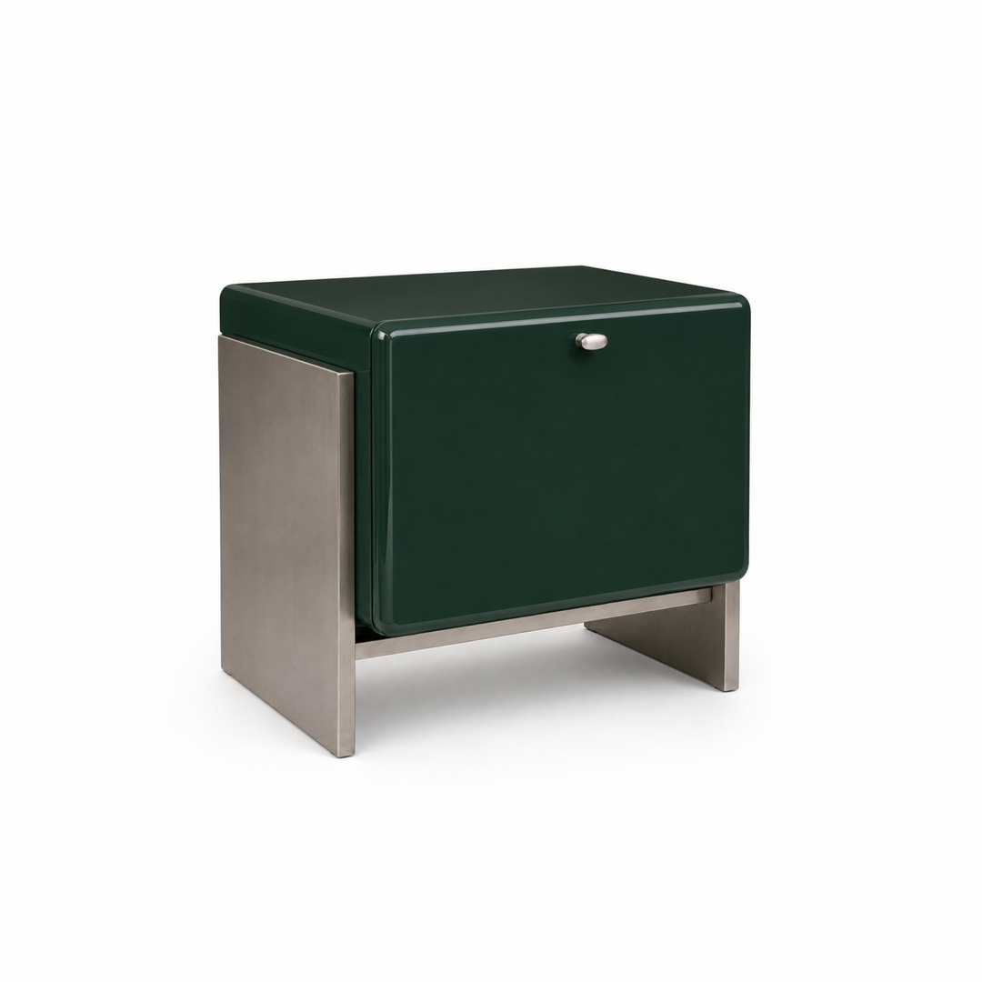 The Cheryl Bedside Table in Lacquer and Steel