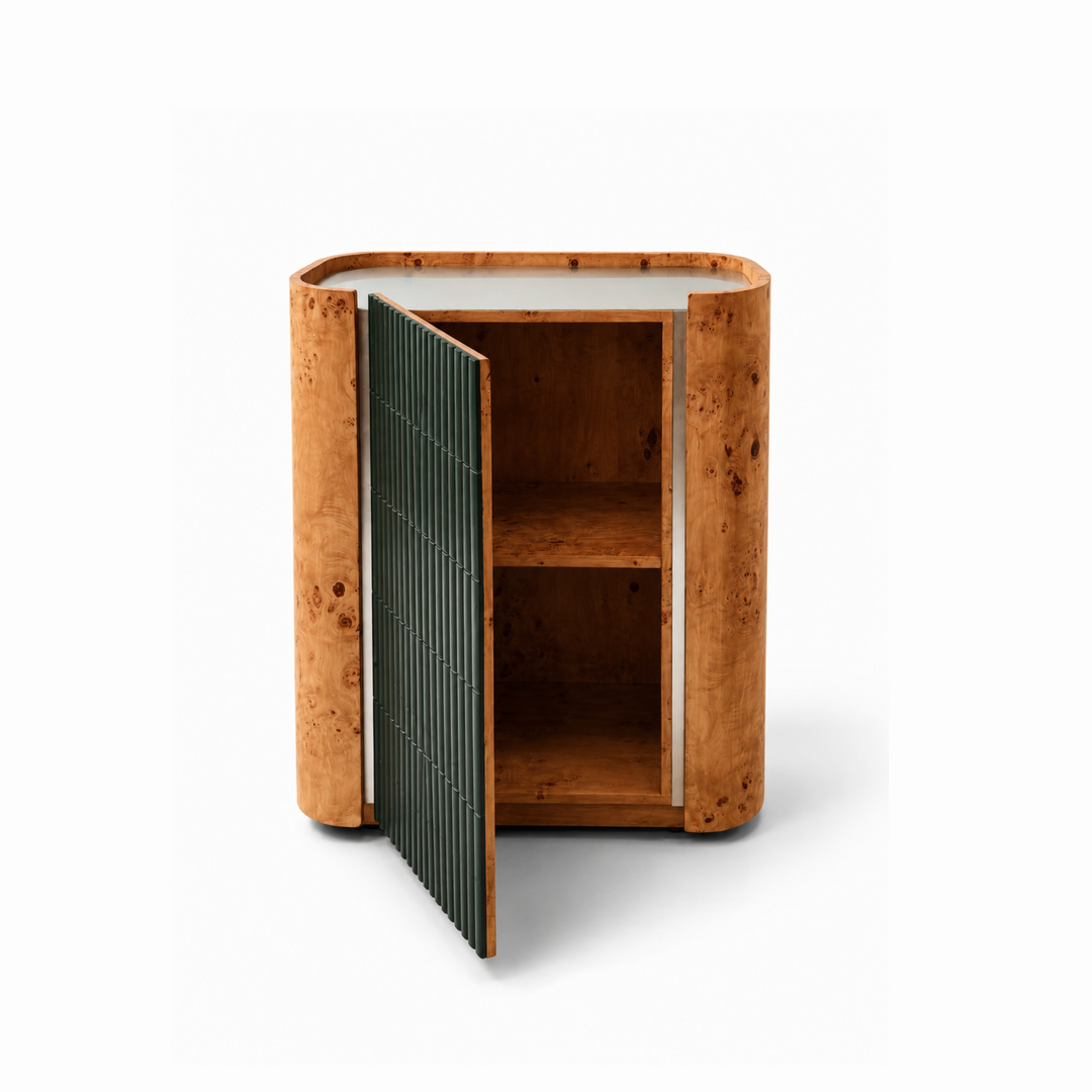 The Joplin Coffee Cabinet in Tile, Steel and Burlwood
