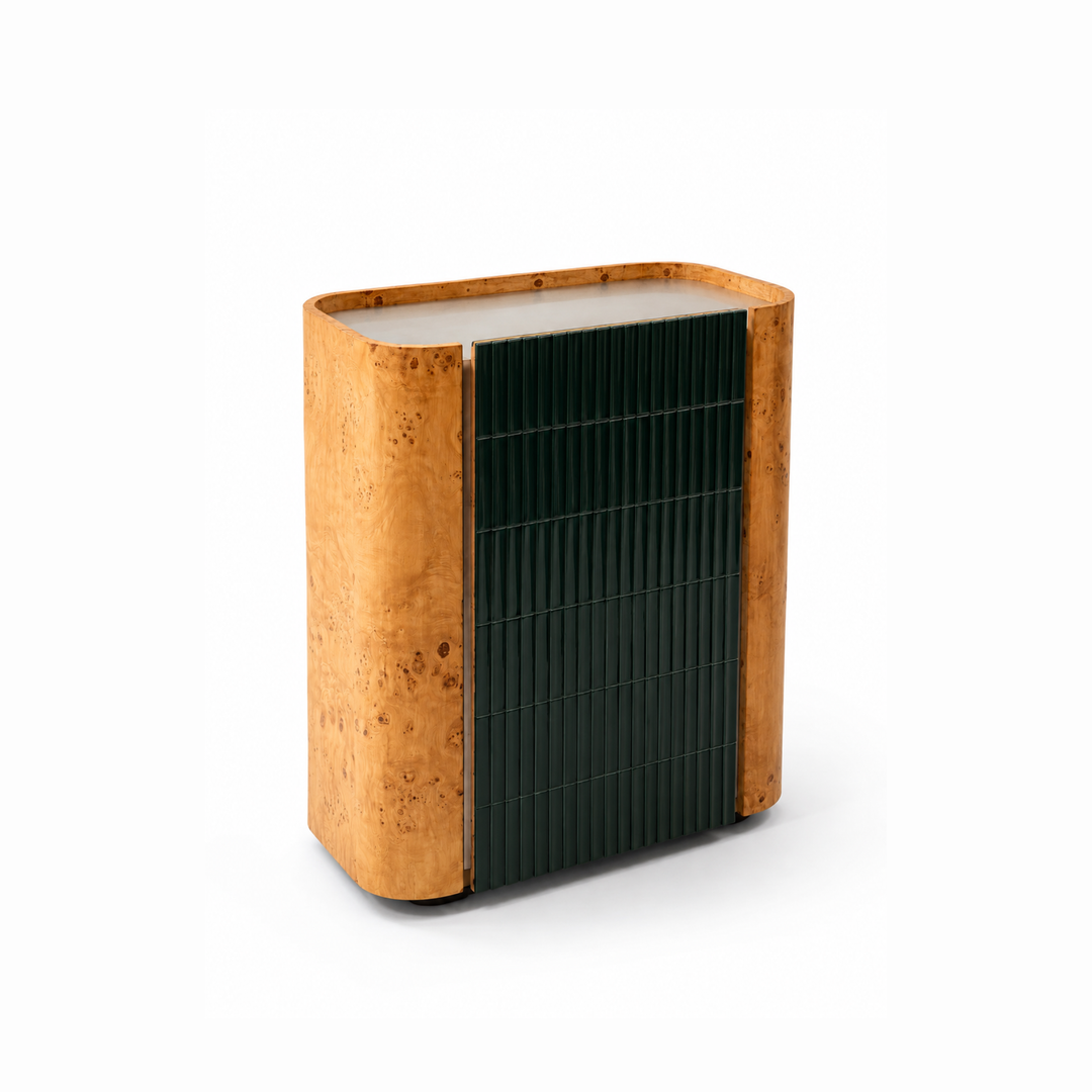 The Joplin Coffee Cabinet in Tile, Steel and Burlwood
