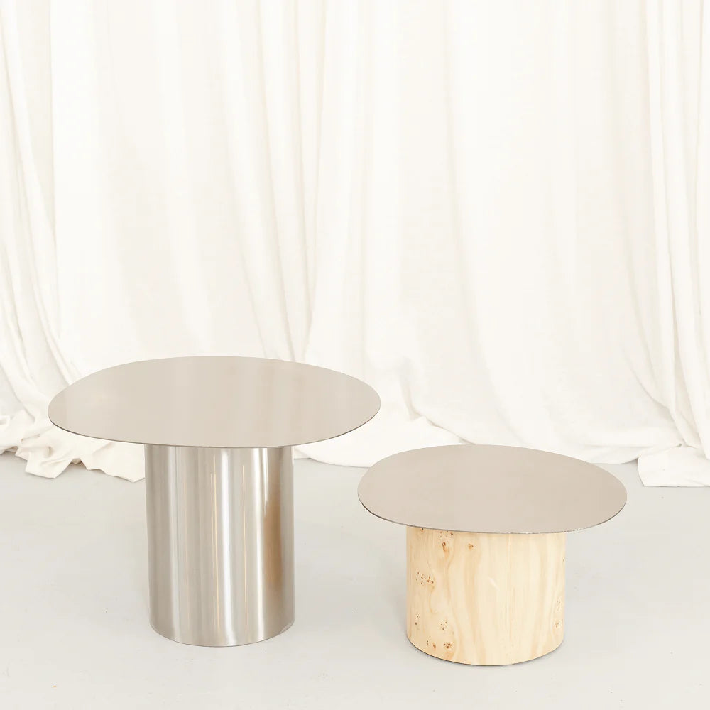 The Ottis Burlwood and Stainless Steel Coffee Table Pair