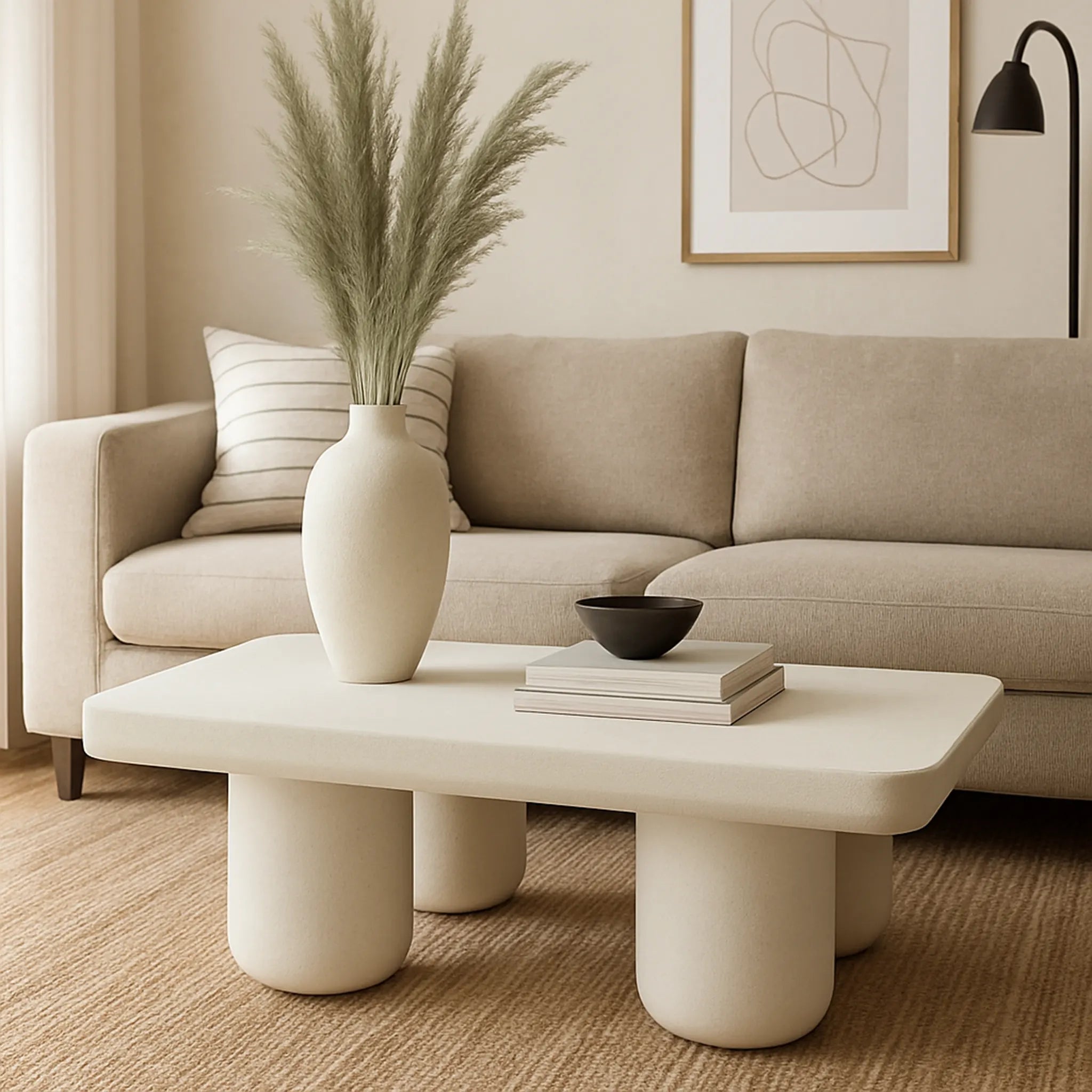 A cozy living space featuring The Berta Coffee Table, offering a small white coffee table solution with style.