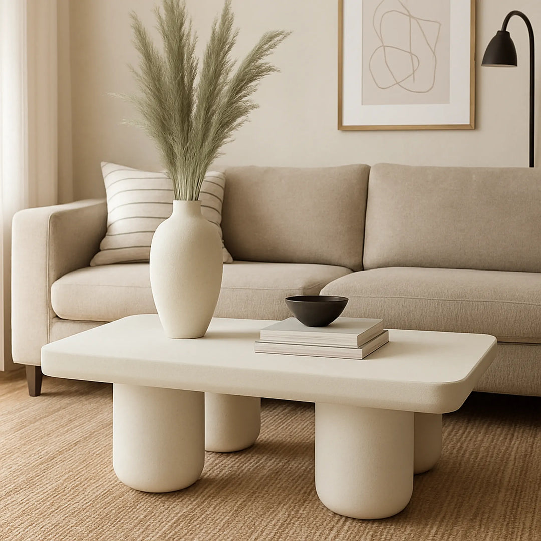 A cozy living space featuring The Berta Coffee Table, offering a small white coffee table solution with style.