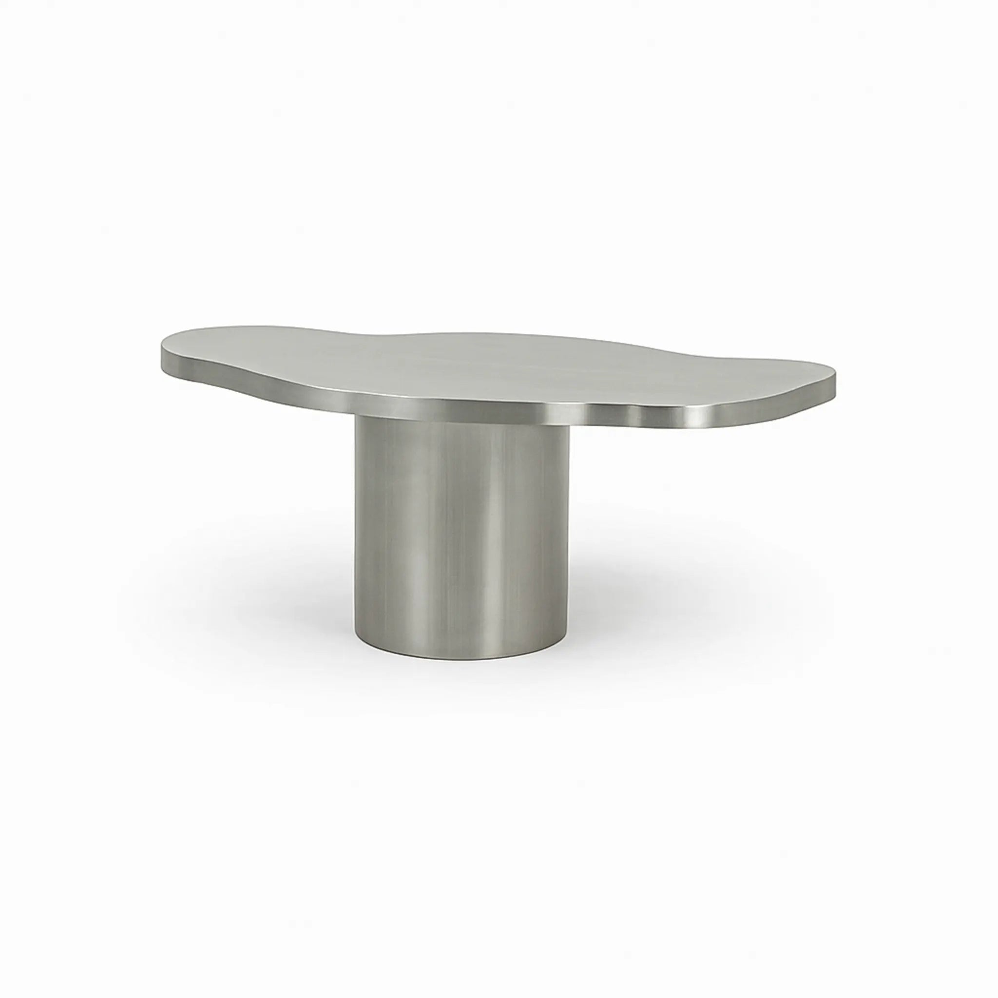 Sleek brushed stainless steel coffee table, designed for modern interiors with a polished, reflective surface.