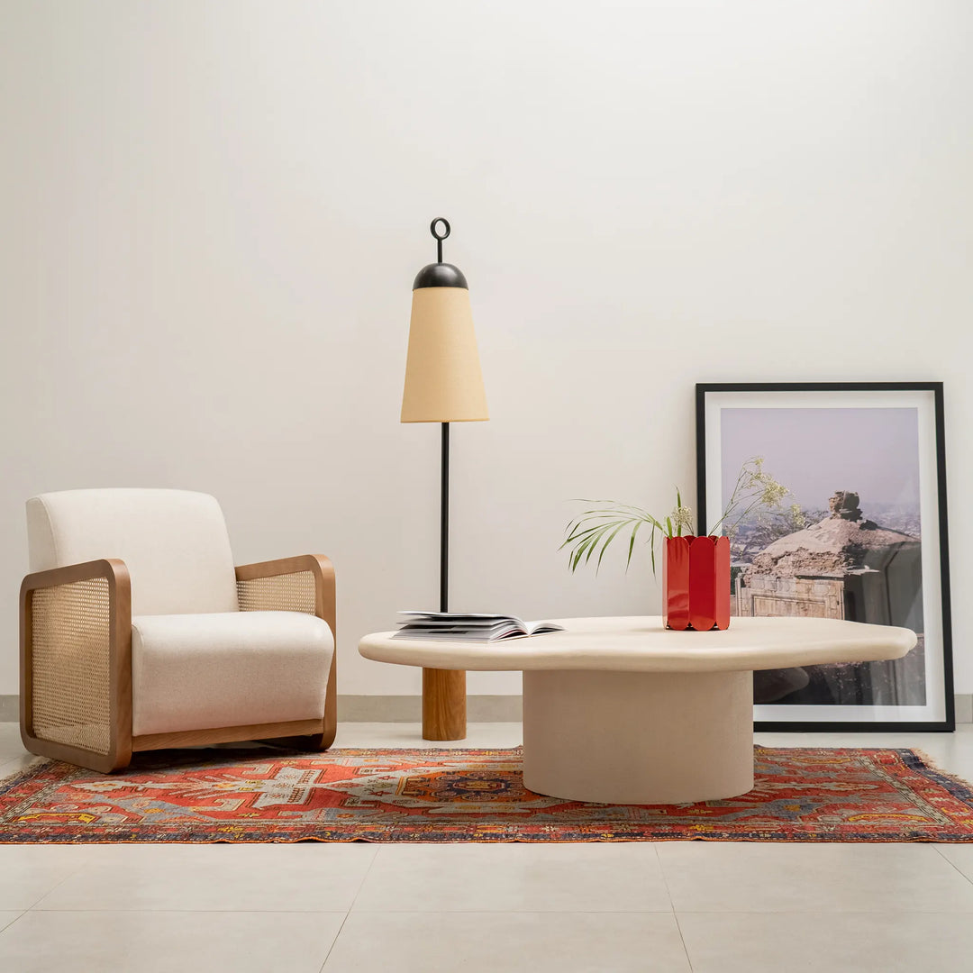 Simple yet striking, The Jamie Coffee Table blends a white plaster base with a clear round glass top – a minimalist round coffee table UAE design lovers will admire.