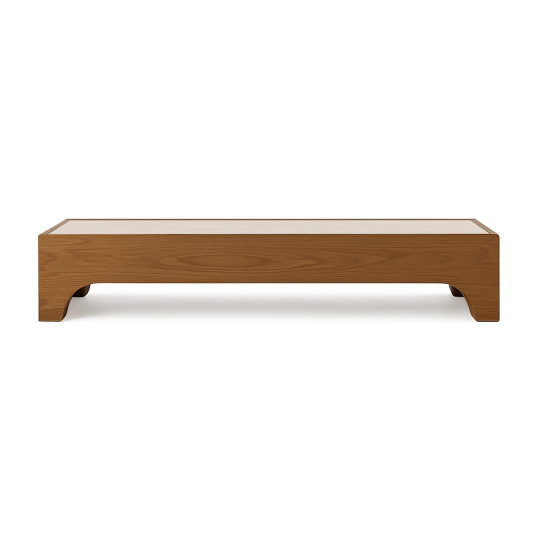 Low square wood coffee table, The Noah, featuring a sleek design with warm wood tones and marble inlay, perfect for contemporary spaces.