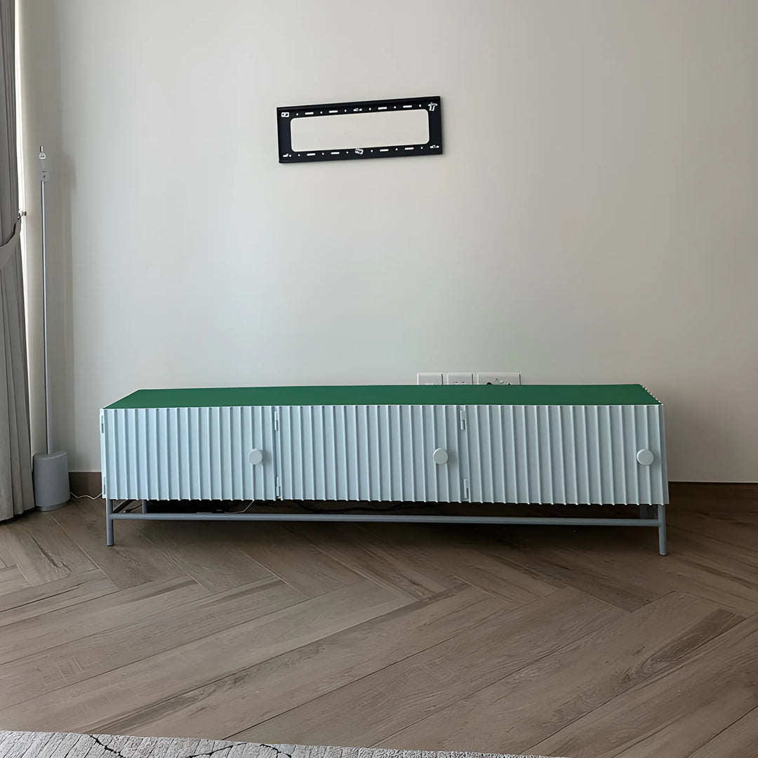 Sleek white TV cabinet with storage, combining practicality and sophisticated design.