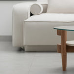 Load image into Gallery viewer, Aerial view of The Scott Coffee Table, showcasing its symmetrical design and elegant circular glass top – a wooden base round glass coffee table made for stylish homes.
