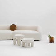 Textured surface detail of modern microplaster coffee table, cozy interior view