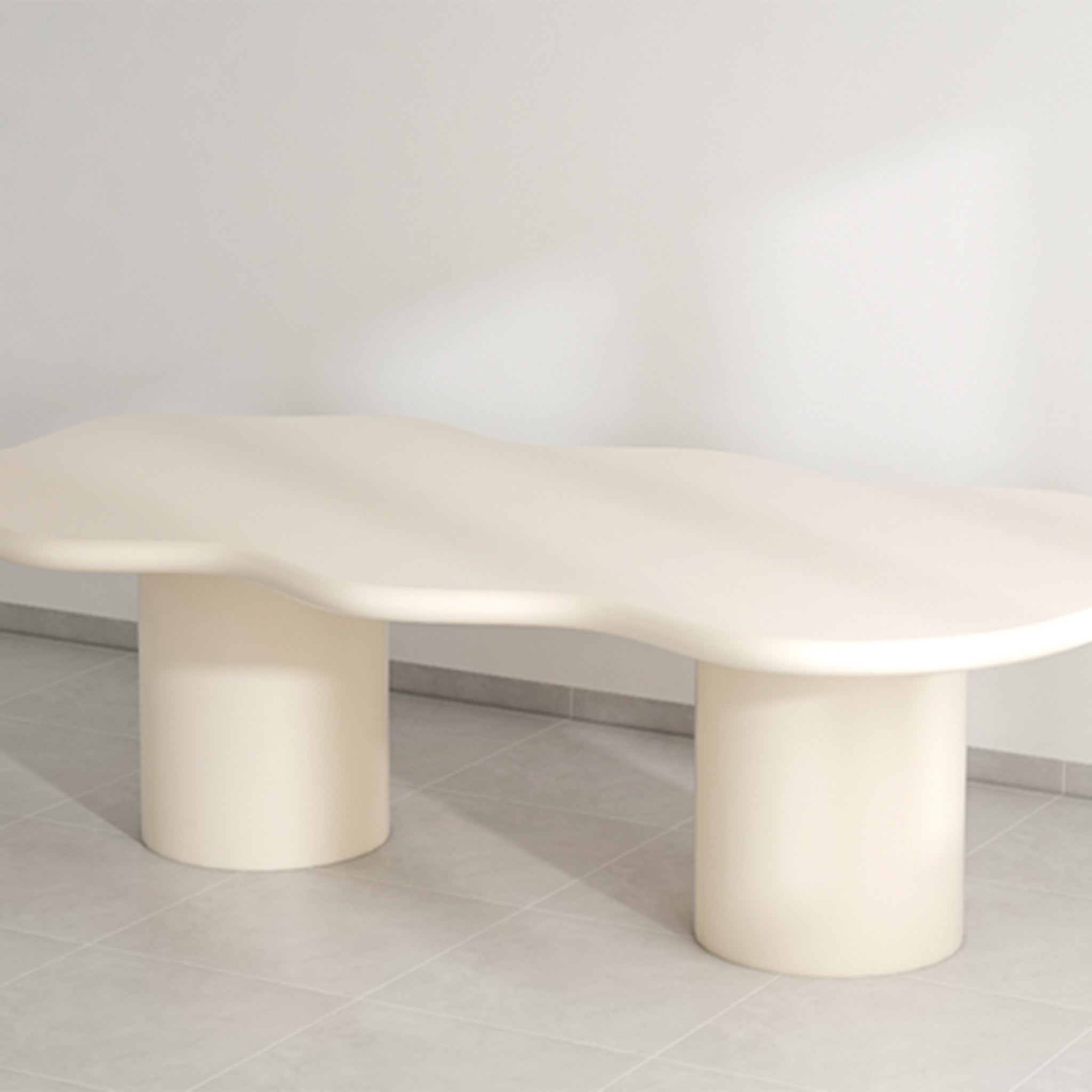 Contemporary dining table featuring a smooth, beige microplaster finish