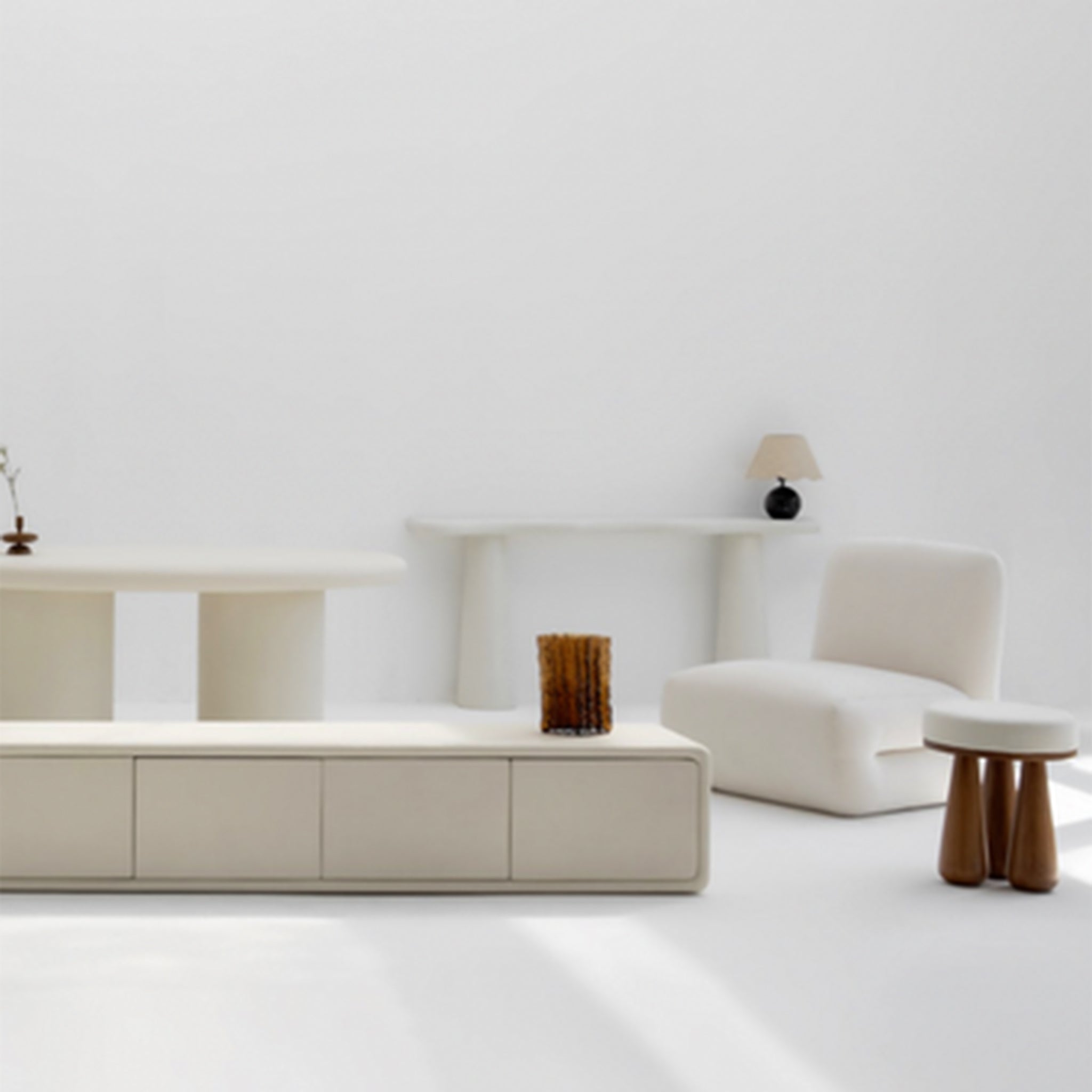 "Modern living room setup featuring The Alma Console in white with a sleek, contemporary look."