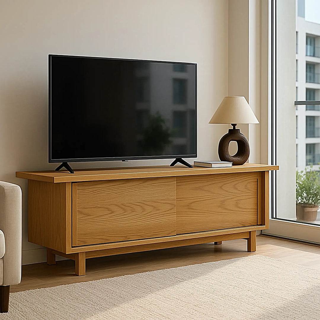Wooden corner TV unit, an ideal choice for compact living areas with sophisticated tones.