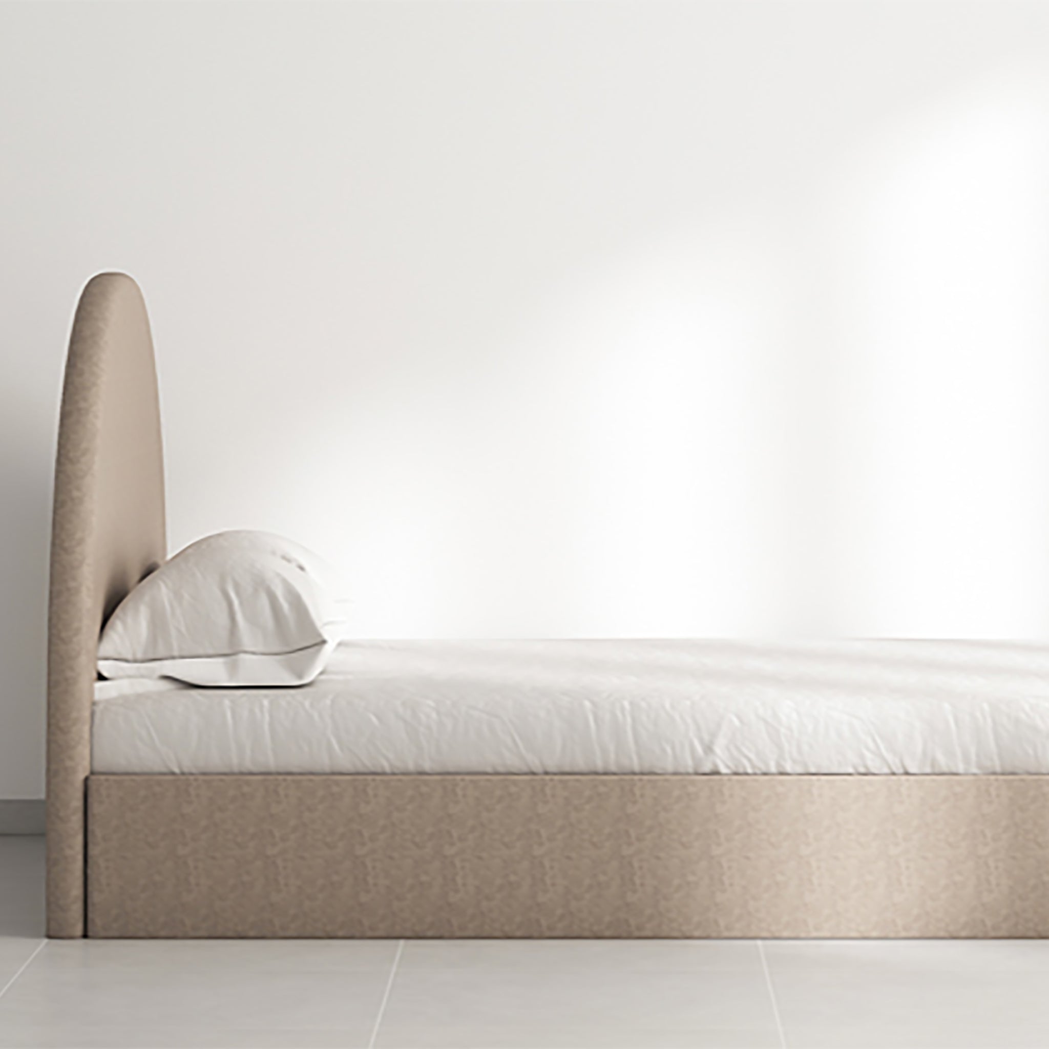 The Archie Bed with a luxurious curved headboard in light beige upholstery. Compact and elegant design, perfect for modern living spaces, master bedrooms, and guest rooms. Stylish and comfortable furniture for contemporary homes.