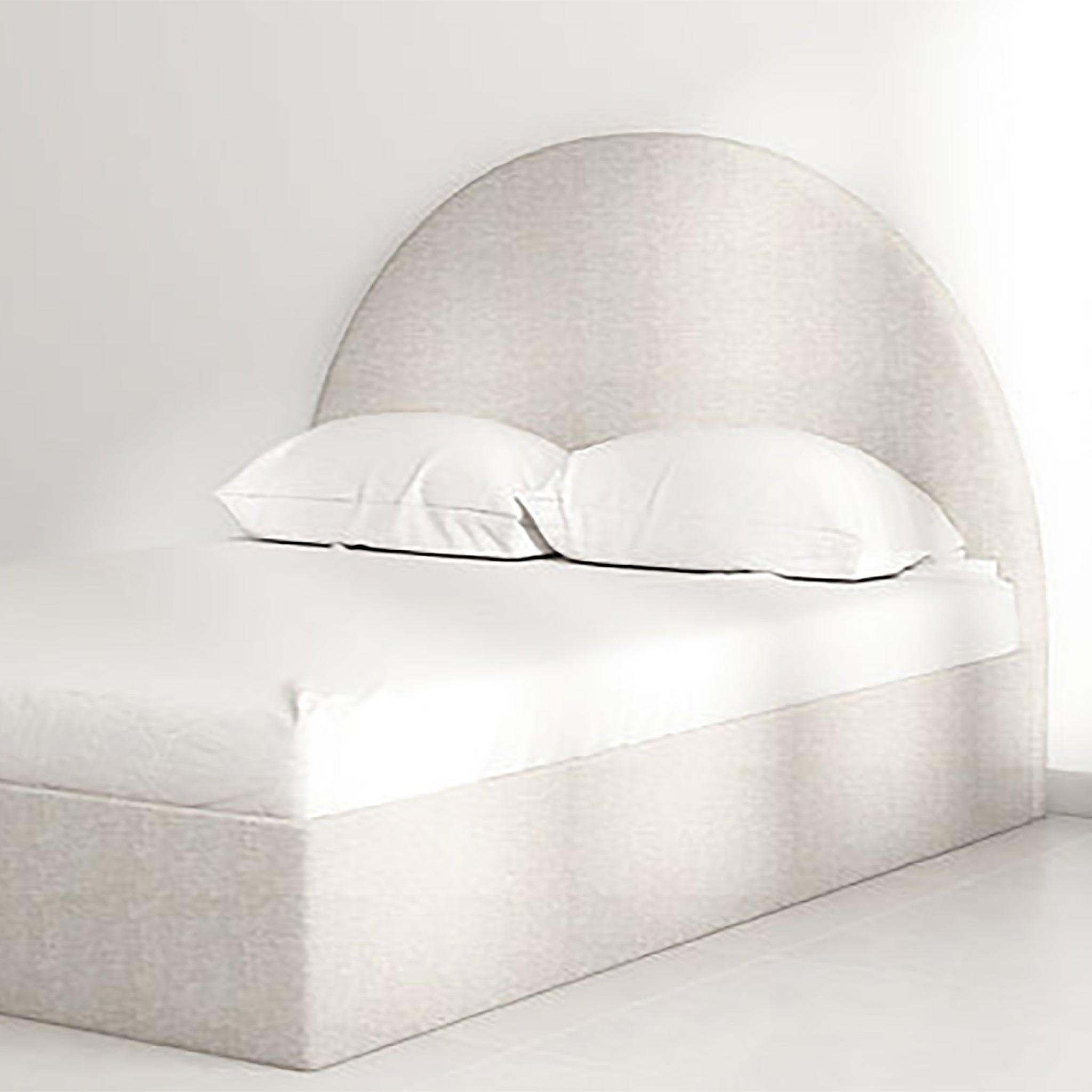 The Archie Bed with a luxurious curved headboard in light beige high-quality upholstery. Modern and compact design, perfect for tight spaces, master bedrooms, and guest rooms. Stylish and space-saving furniture for contemporary living.