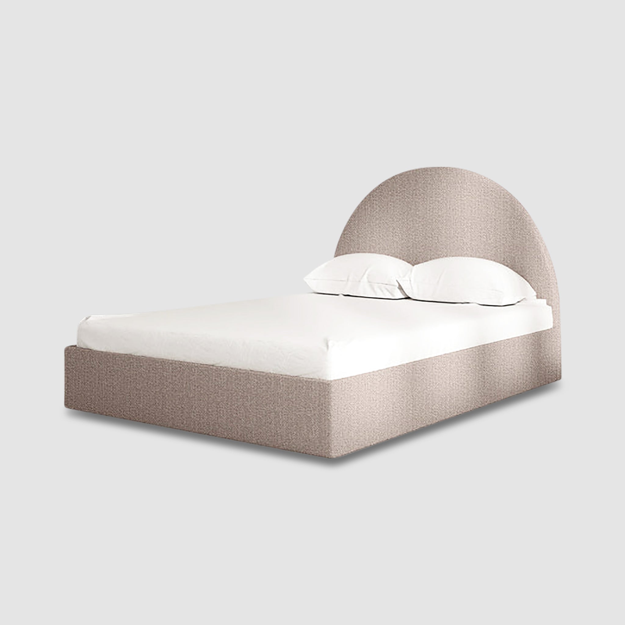 The Archie Bed with a sophisticated curved headboard in light grey upholstery.