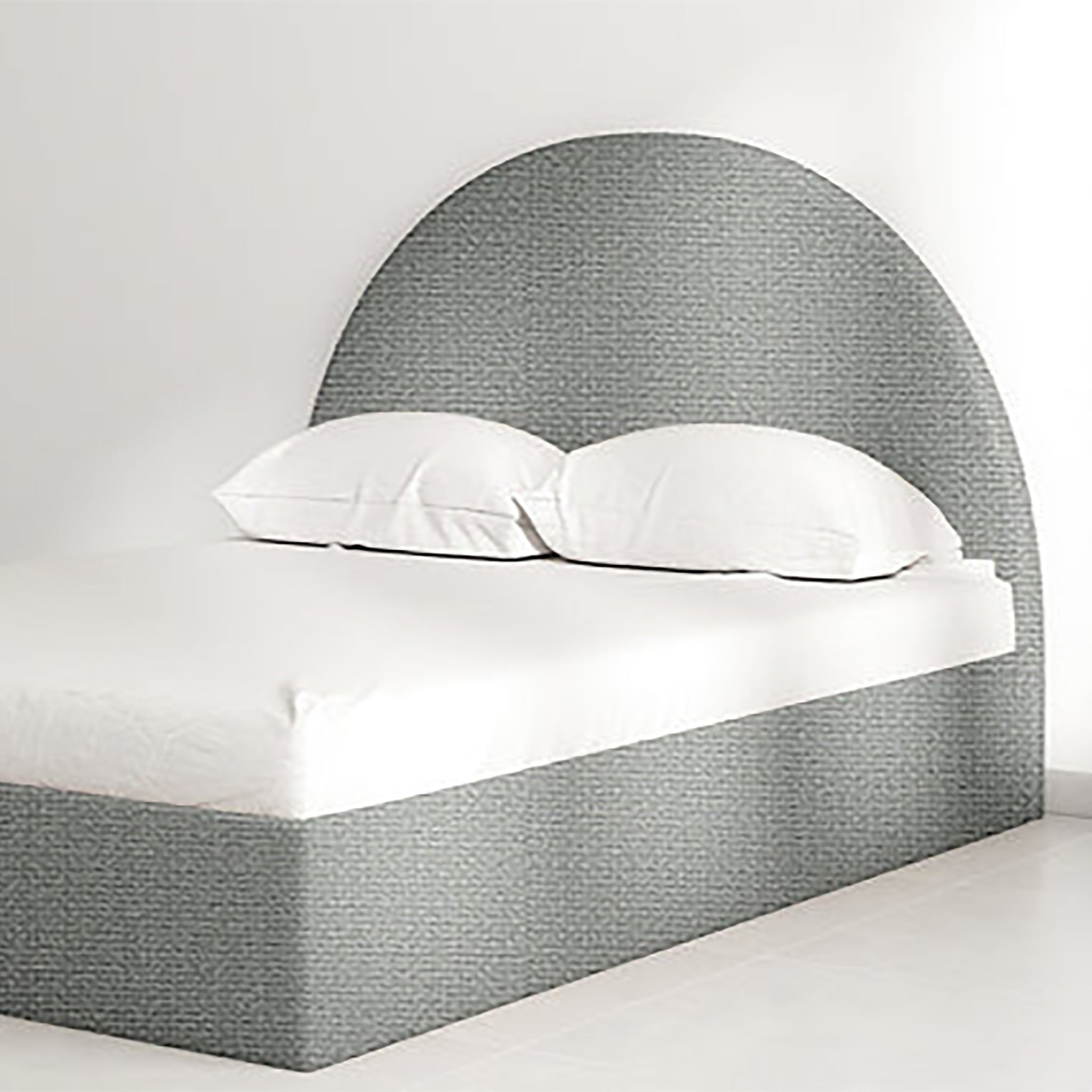 The Archie Bed featuring a luxurious curved headboard in textured grey upholstery. Modern and compact design, perfect for tight spaces, master bedrooms, and guest rooms. Stylish and space-saving furniture for contemporary living.