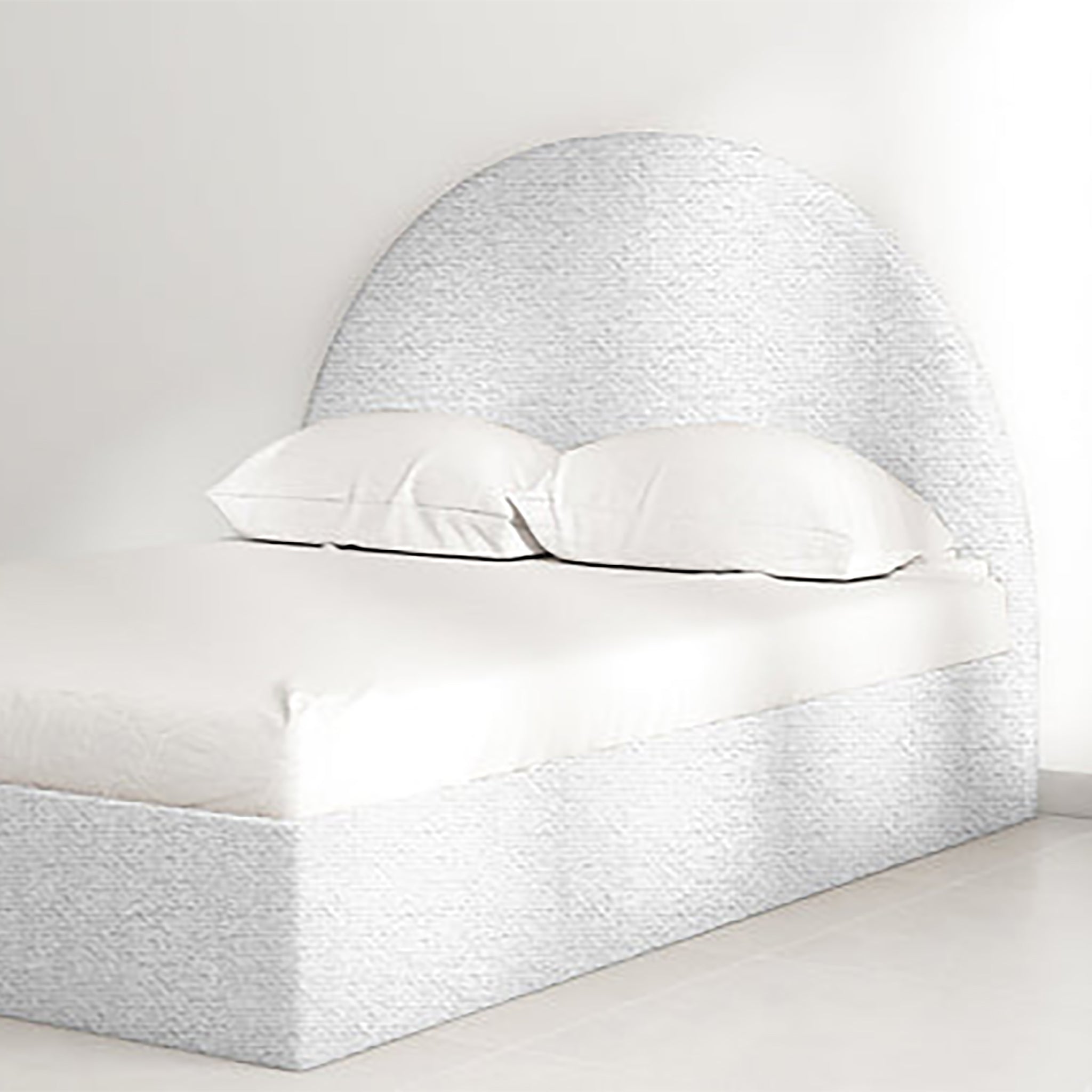 The Archie Bed featuring a luxurious curved headboard in light grey textured upholstery. Modern and space-saving design, perfect for tight spaces, master bedrooms, and guest rooms. Elegant and comfortable furniture for contemporary homes.