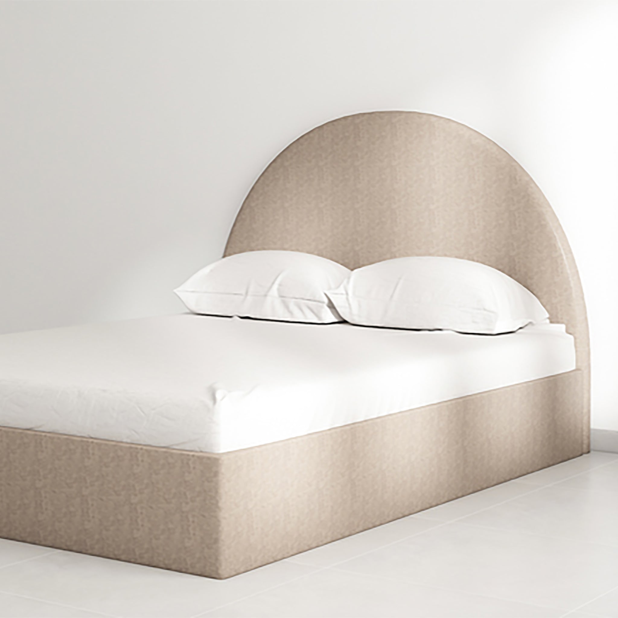 The Archie Bed featuring a luxurious curved headboard in warm beige textured upholstery. Modern and compact design, ideal for tight spaces, master bedrooms, and guest rooms. Stylish and comfortable furniture for contemporary homes.