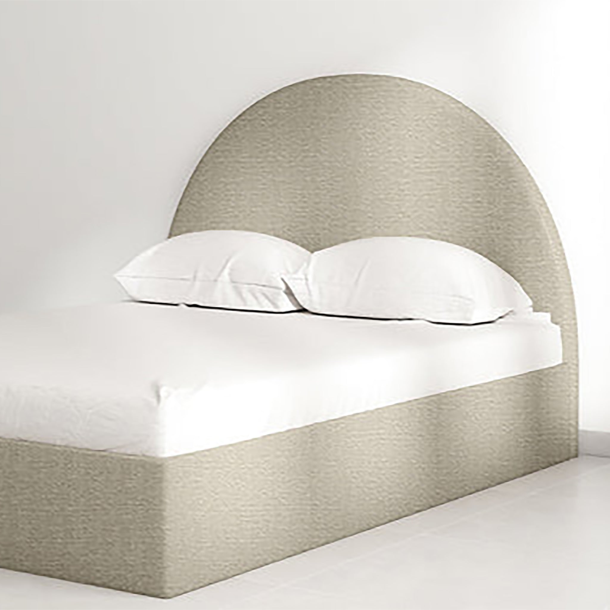 Elegant Archie Bed with a curved headboard in warm beige upholstery.