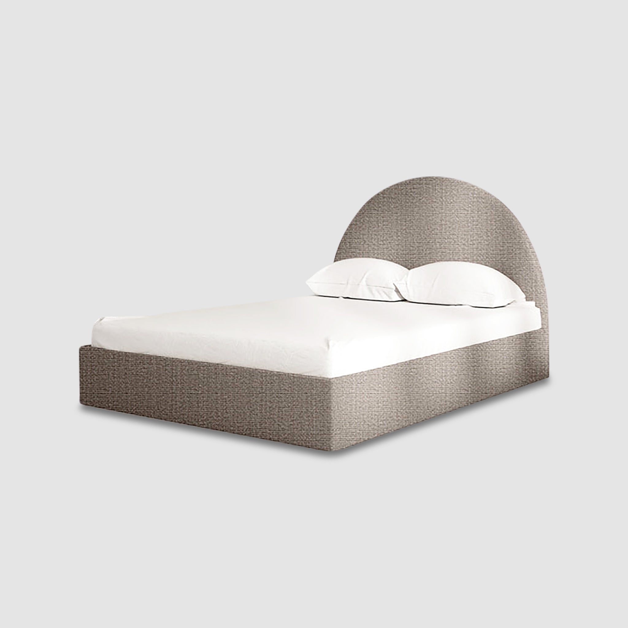 Plush, white upholstered bed with a curved headboard creates a stylish and space-saving look for modern bedrooms. The Archie Bed by Klettkic is ideal for master or guest rooms.
