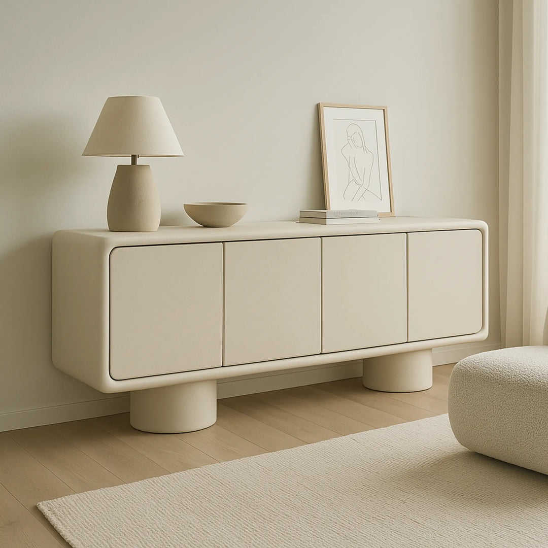 Minimalist Microplaster sideboard cabinet enhancing the aesthetic of a modern apartment.