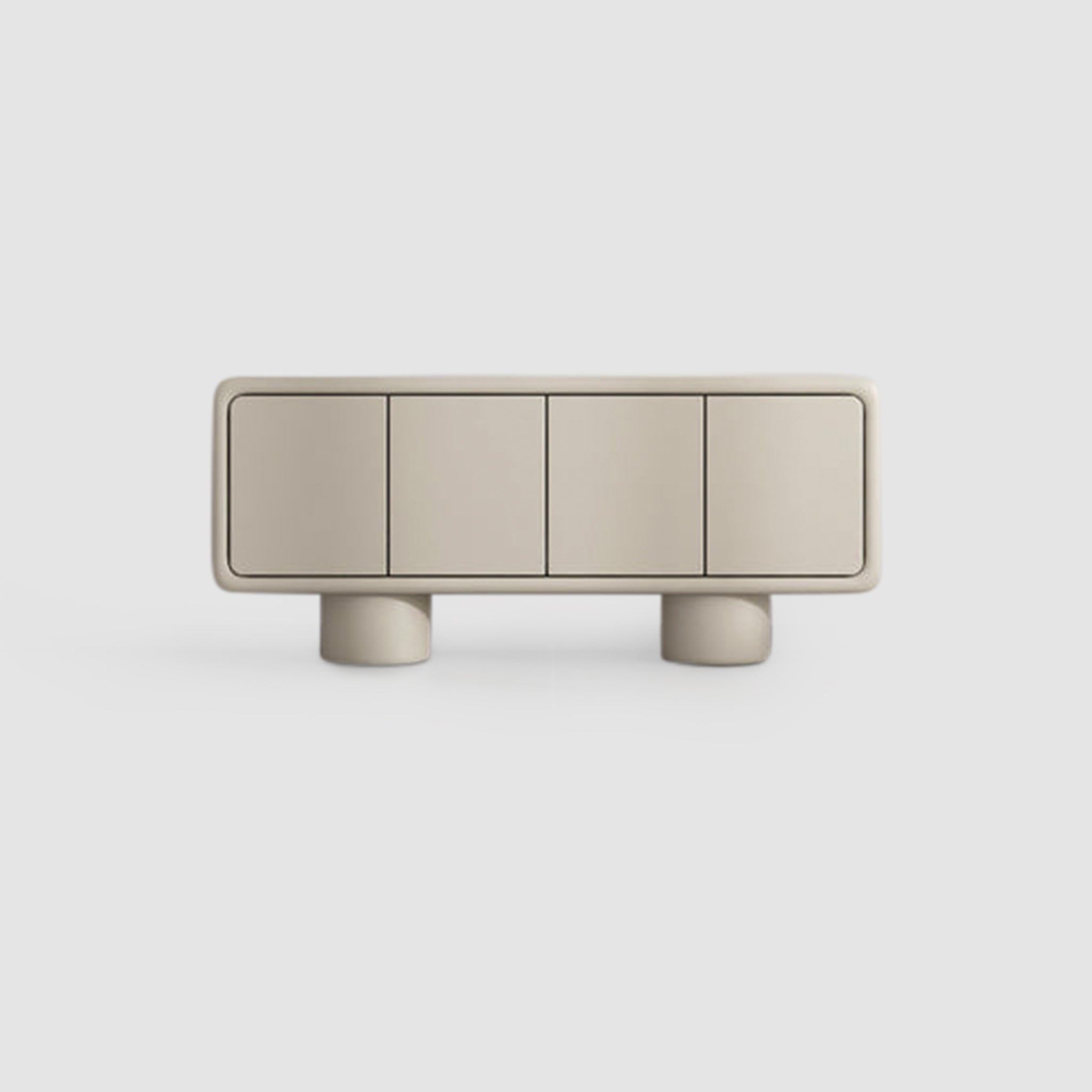 A sleek, modern sideboard in a neutral beige color, featuring four doors and supported by two cylindrical legs.
