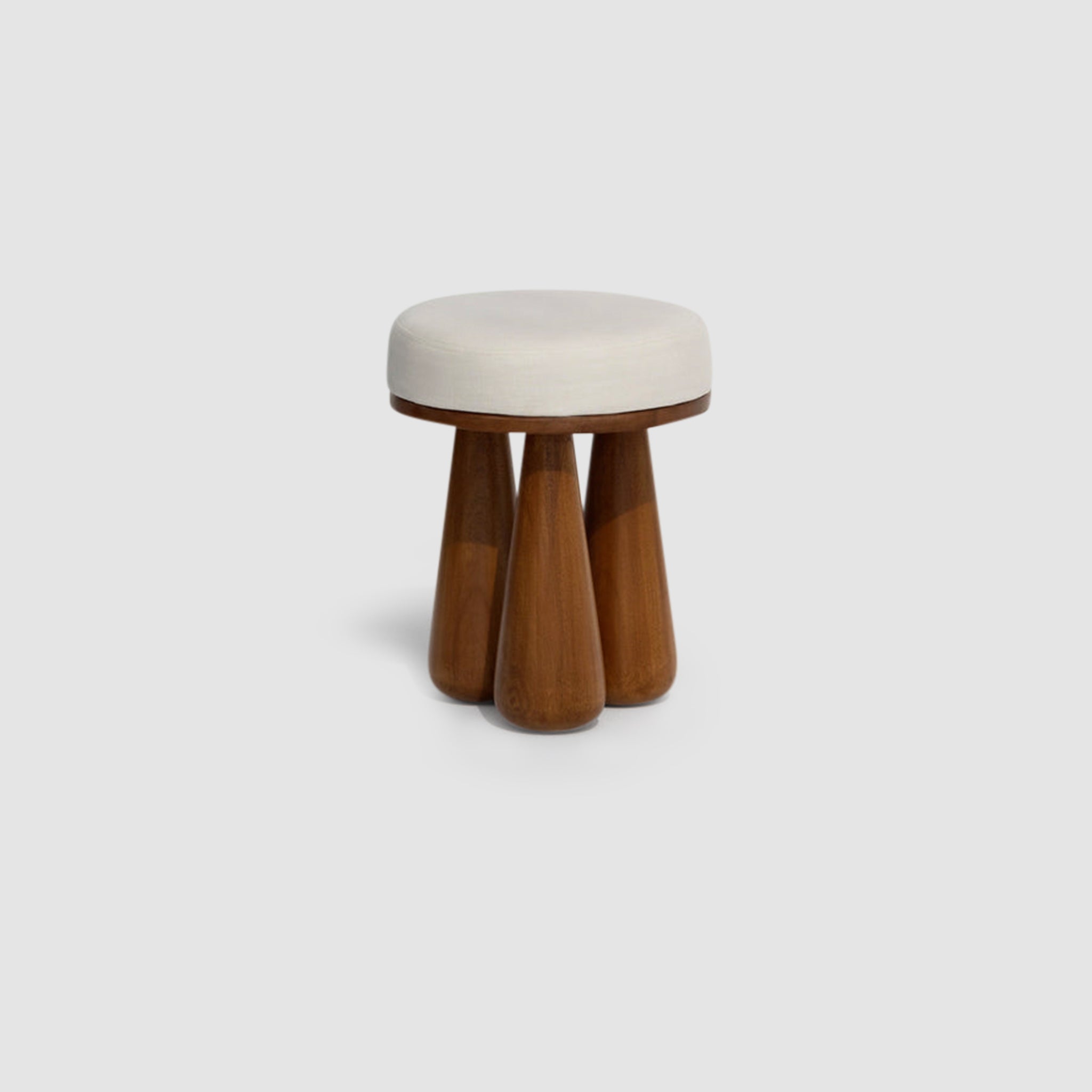 Wooden stool with chunky, tapered legs and a round, upholstered seat in white fabric