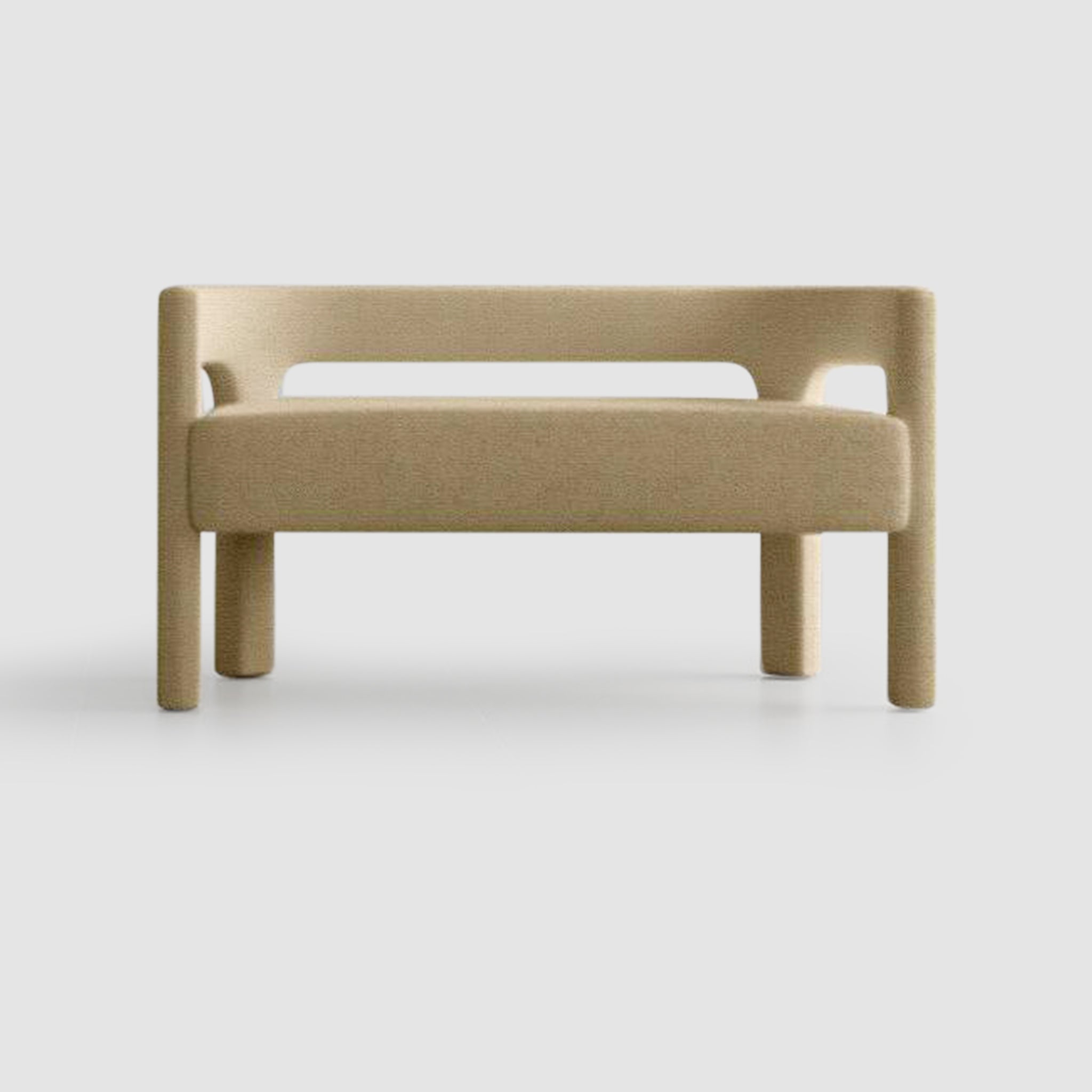 A modern two-seater sofa with a minimalist design in beige upholstery, featuring smooth, rounded edges and a solid structure, viewed from the front against a plain gray background.