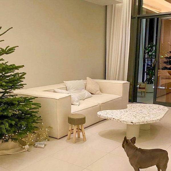 Relaxing Christmas living room featuring a white couch, fluffy throw pillows, and a hanging chair for a whimsical touch.