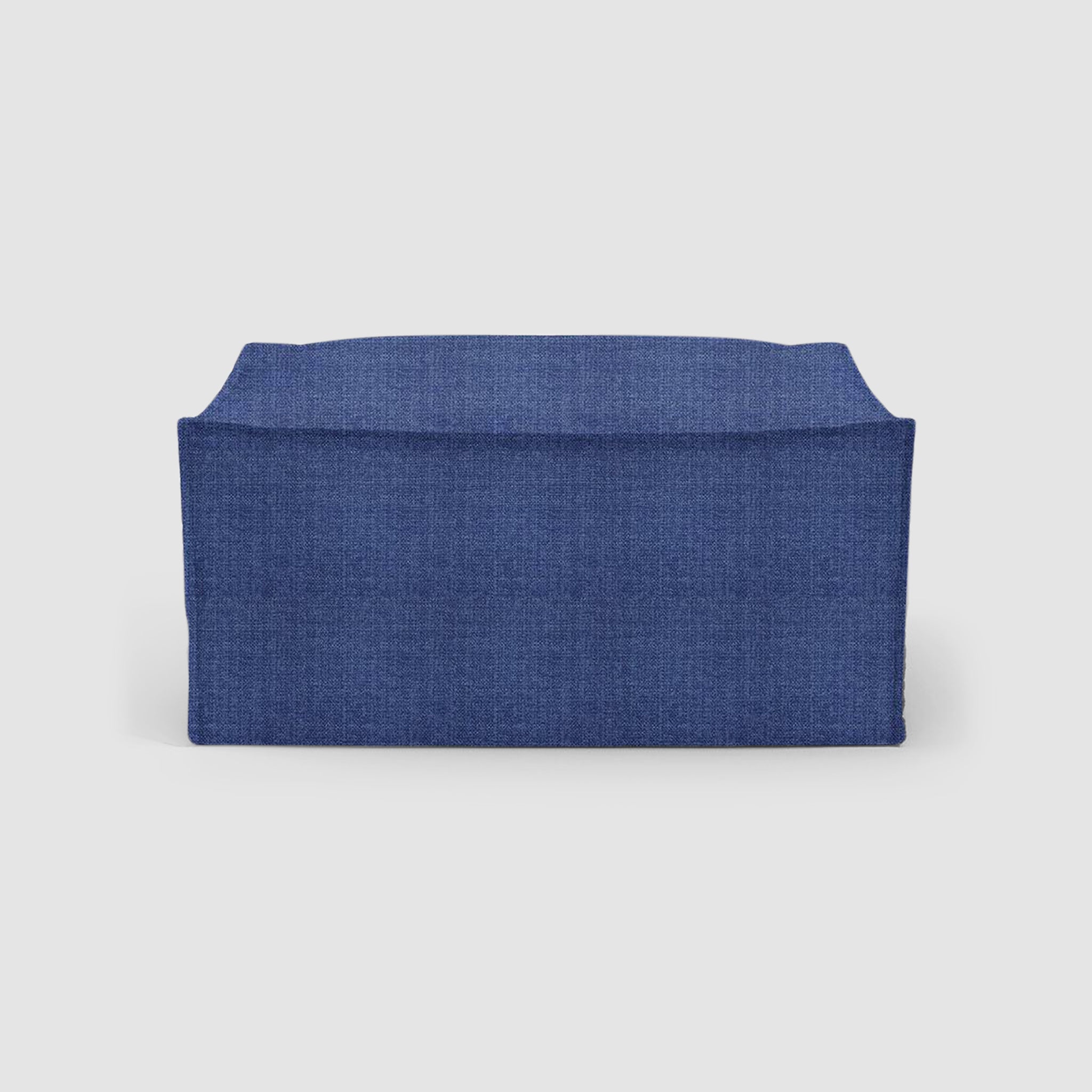 Blue fabric ottoman with a sleek, modern design, perfect for adding a pop of color and extra seating to any living space.