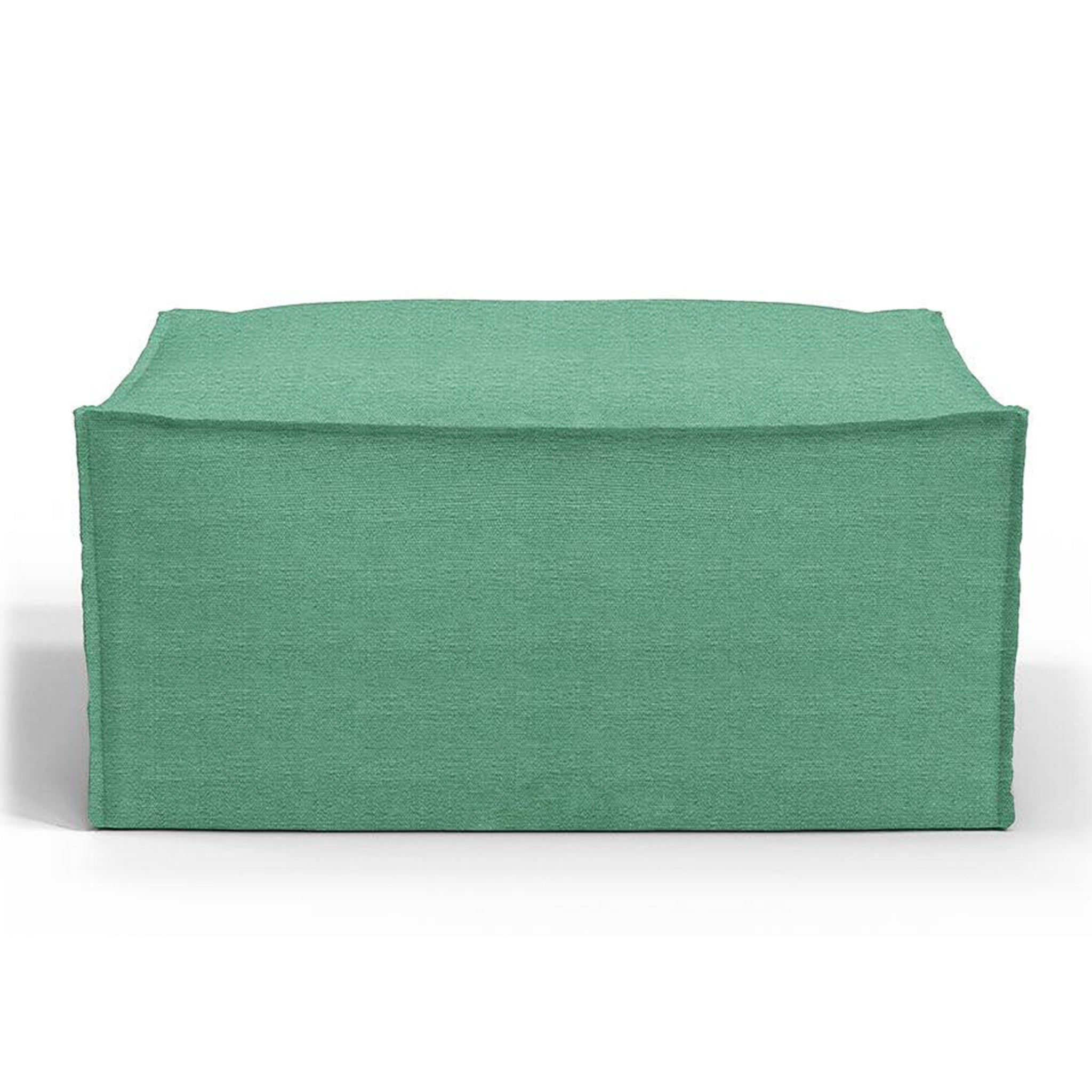 Green ottoman with a modern design, perfect for adding a pop of color to any living room or seating area.