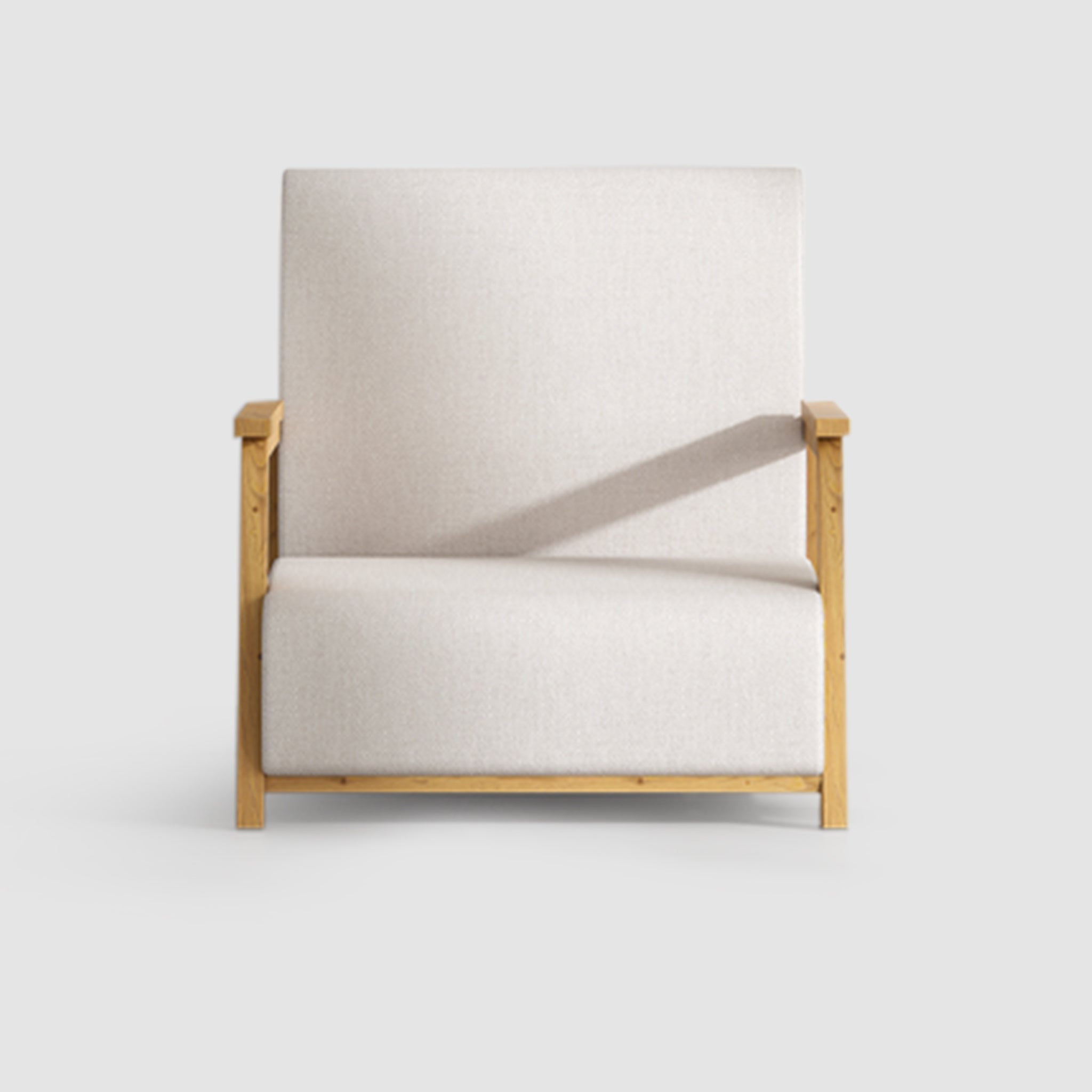 Front-facing view of The Dixon Arm Accent Chair, featuring clean lines, light beige upholstery, and sturdy natural wooden armrests.
