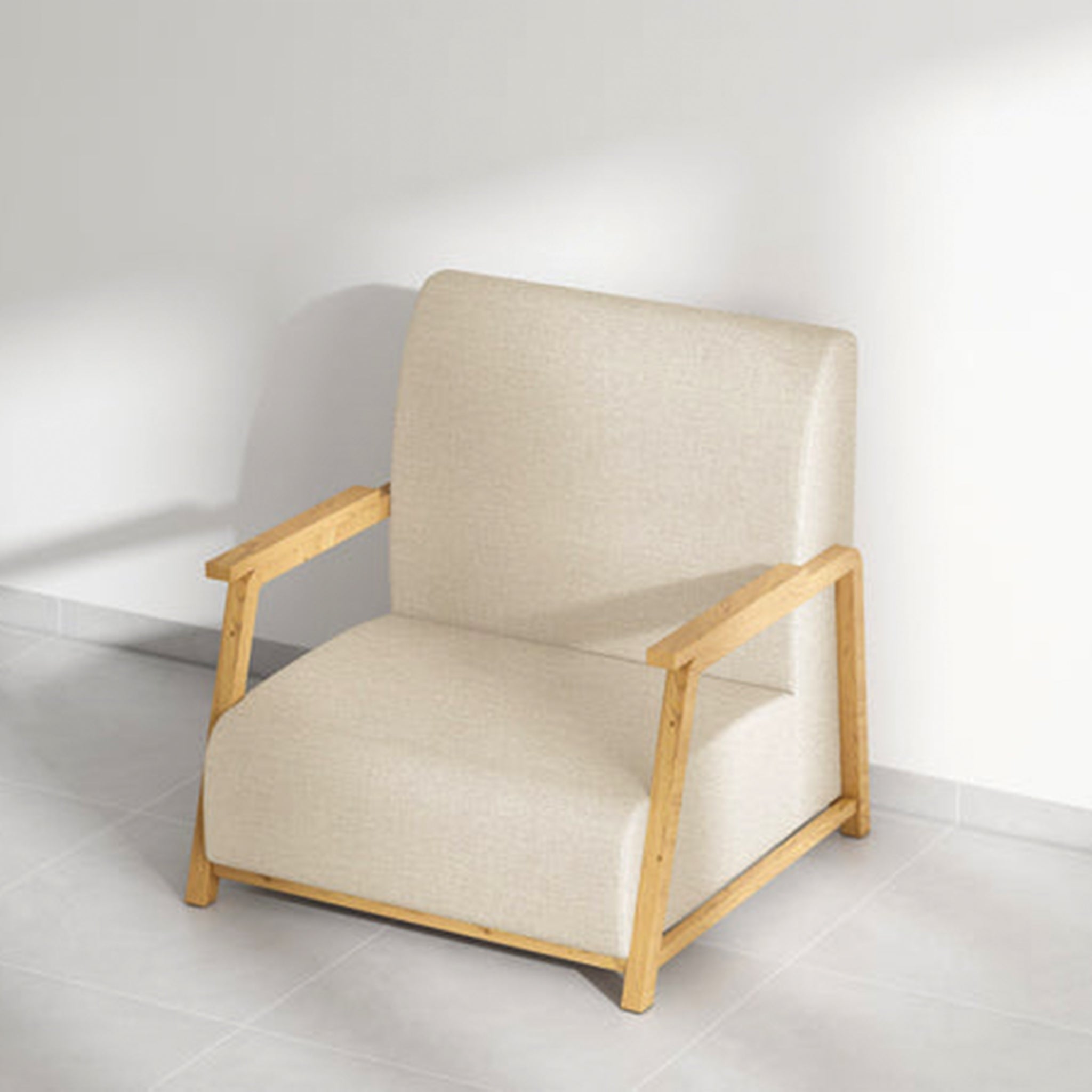 Natural wood and light fabric Dixon Arm Accent Chair.
