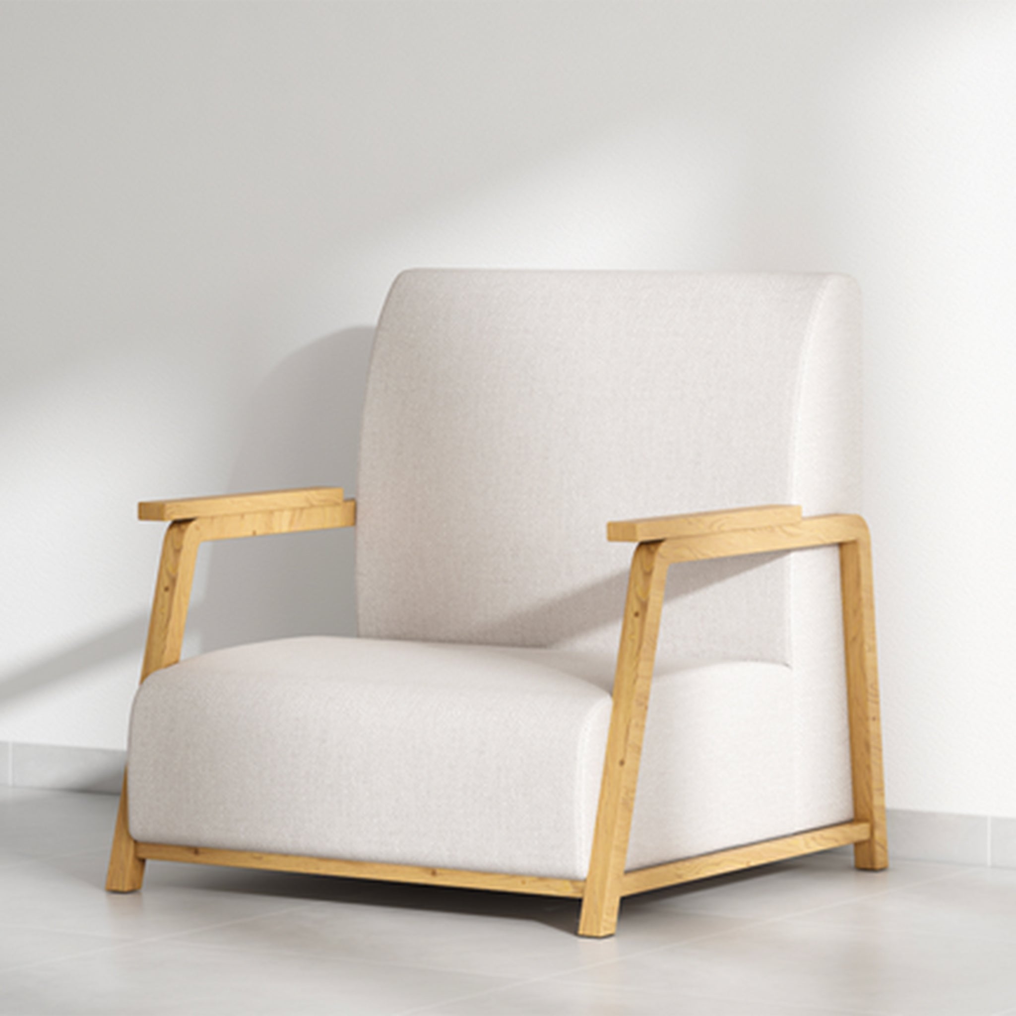 Natural wood frame The Dixon Arm Accent Chair with beige fabric.