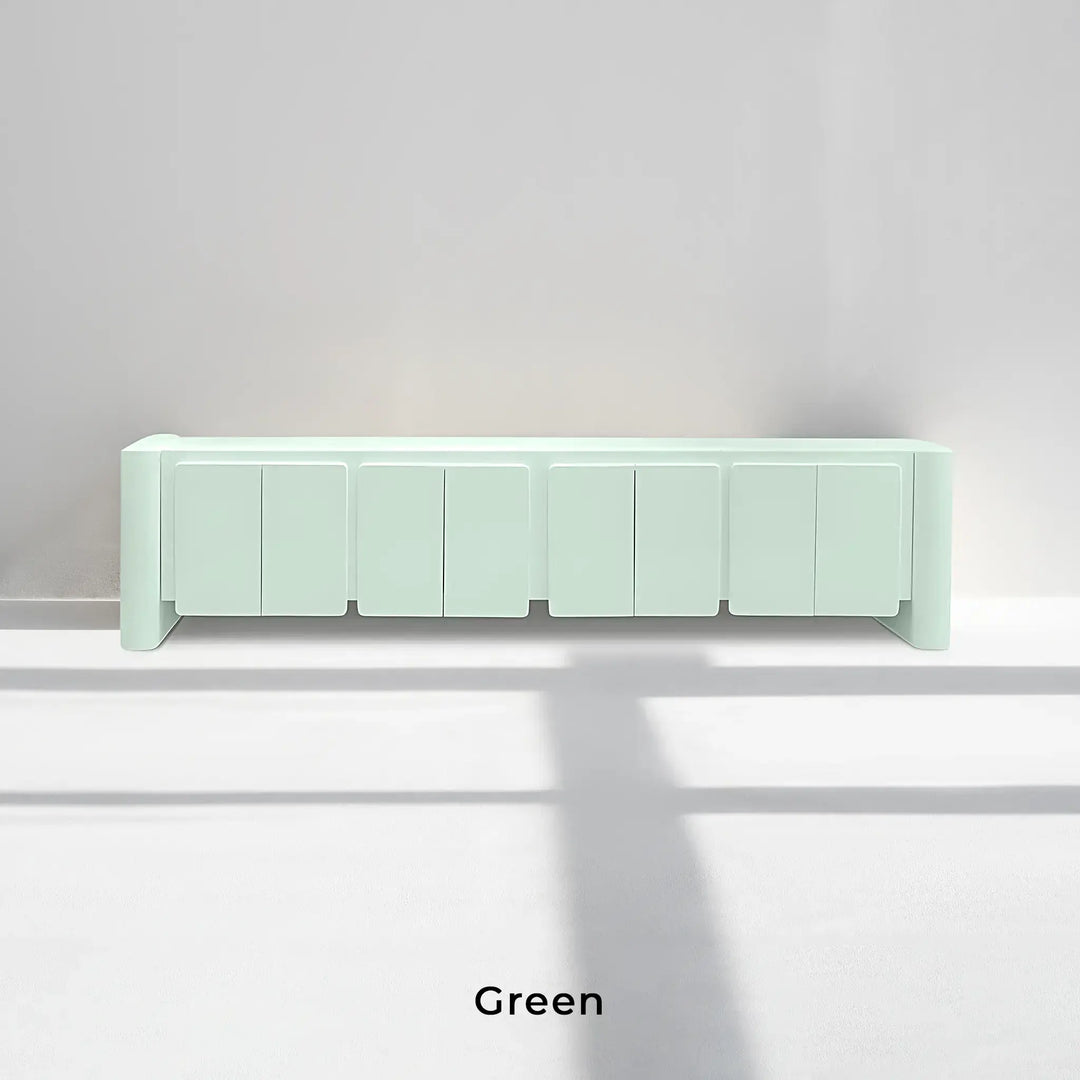 Corner green TV stand in a bright family room, offering functionality and clean lines.